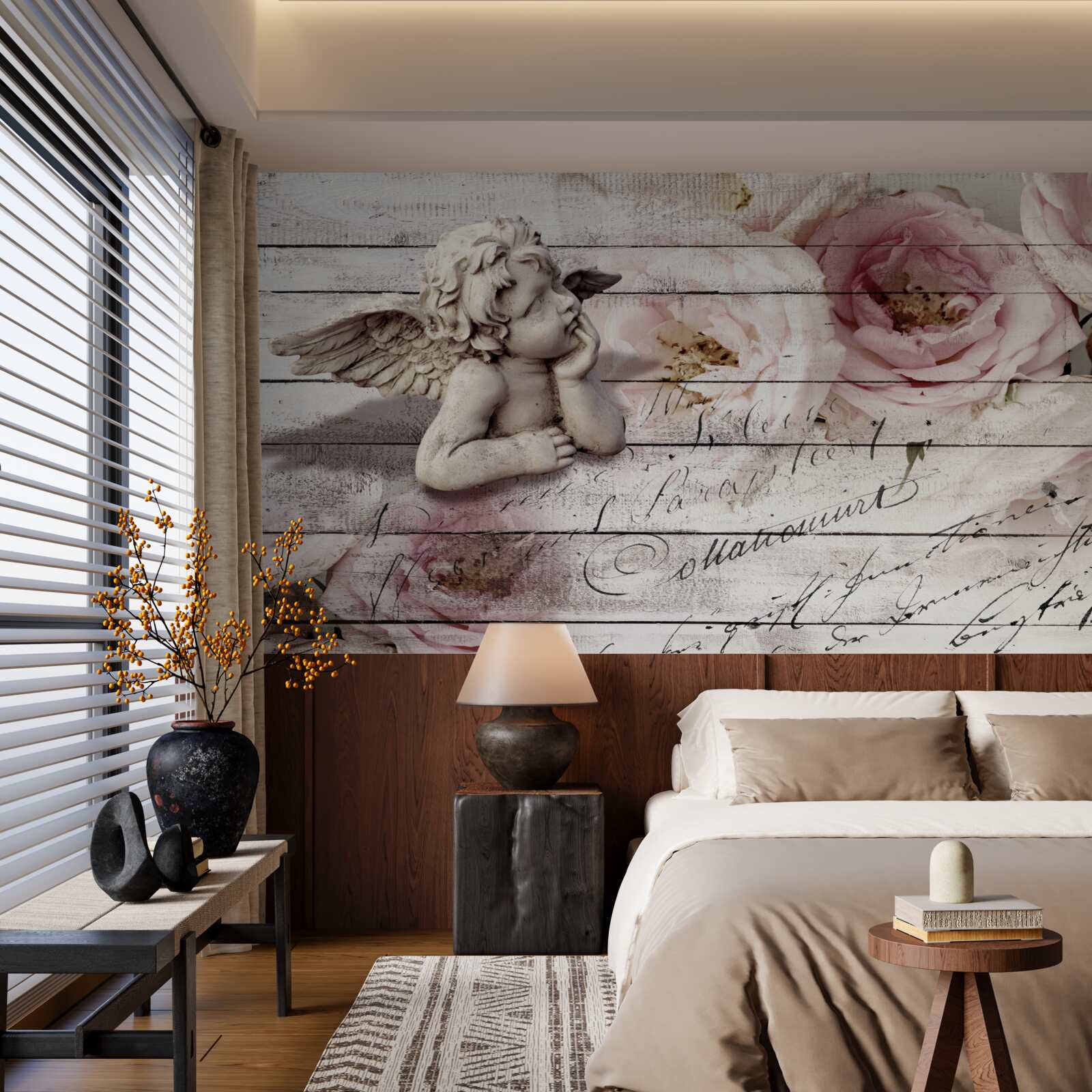 Фотошпалери задумливий маленький ангел на паркетній підлозі