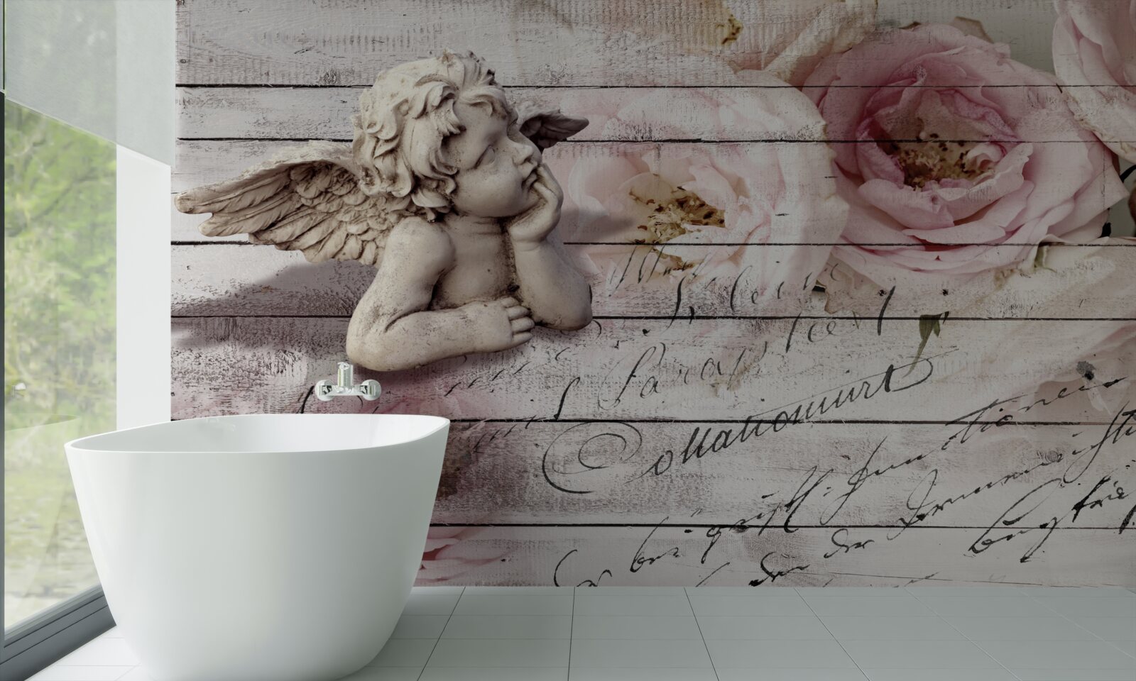 Фотошпалери задумливий маленький ангел на паркетній підлозі