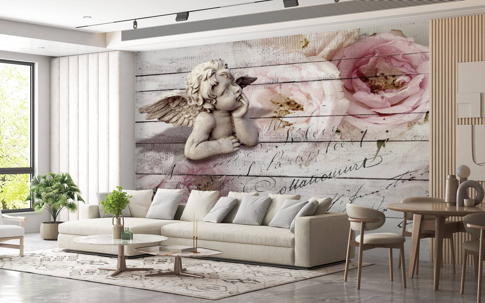 Фотошпалери задумливий маленький ангел на паркетній підлозі