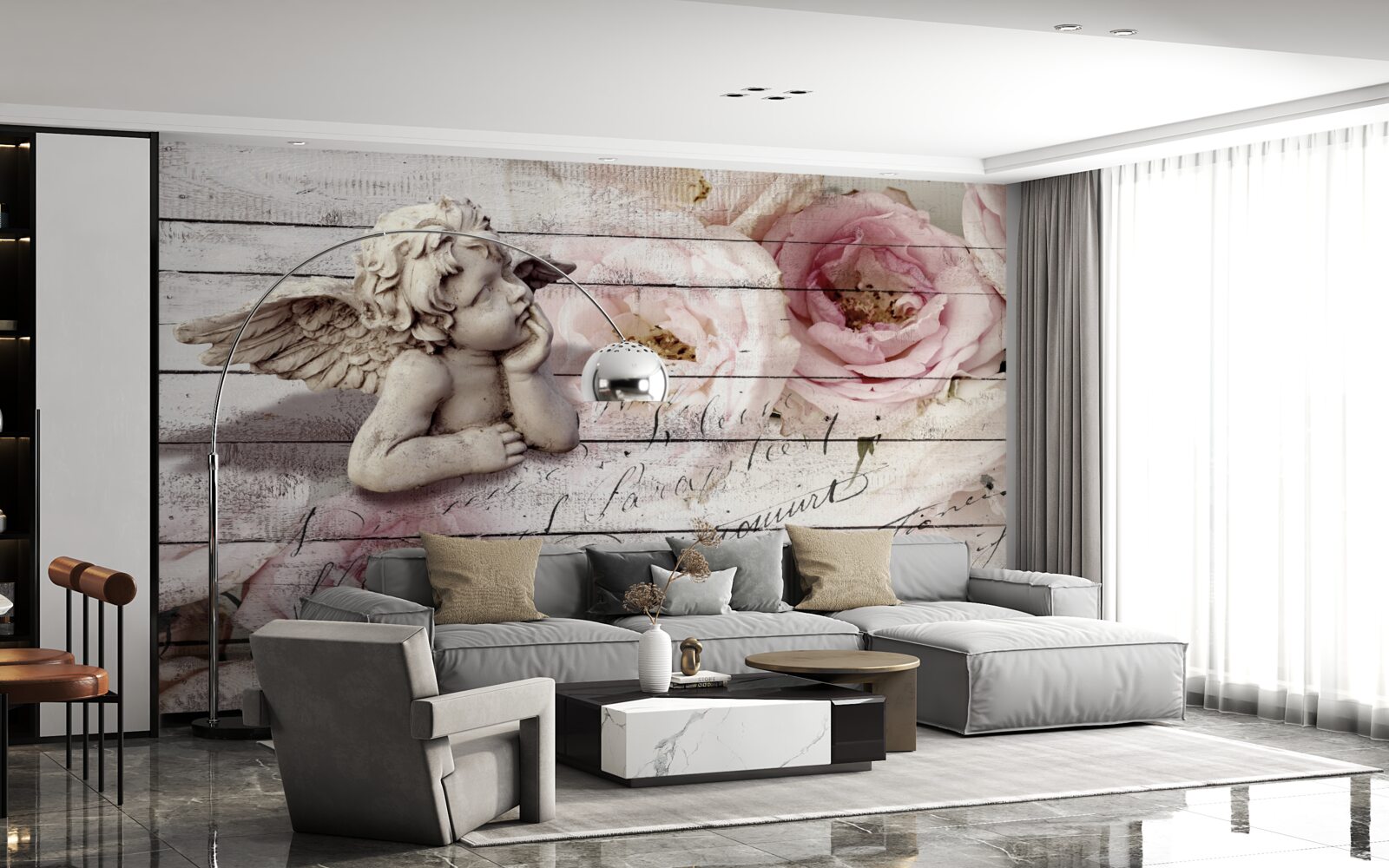 Фотошпалери задумливий маленький ангел на паркетній підлозі