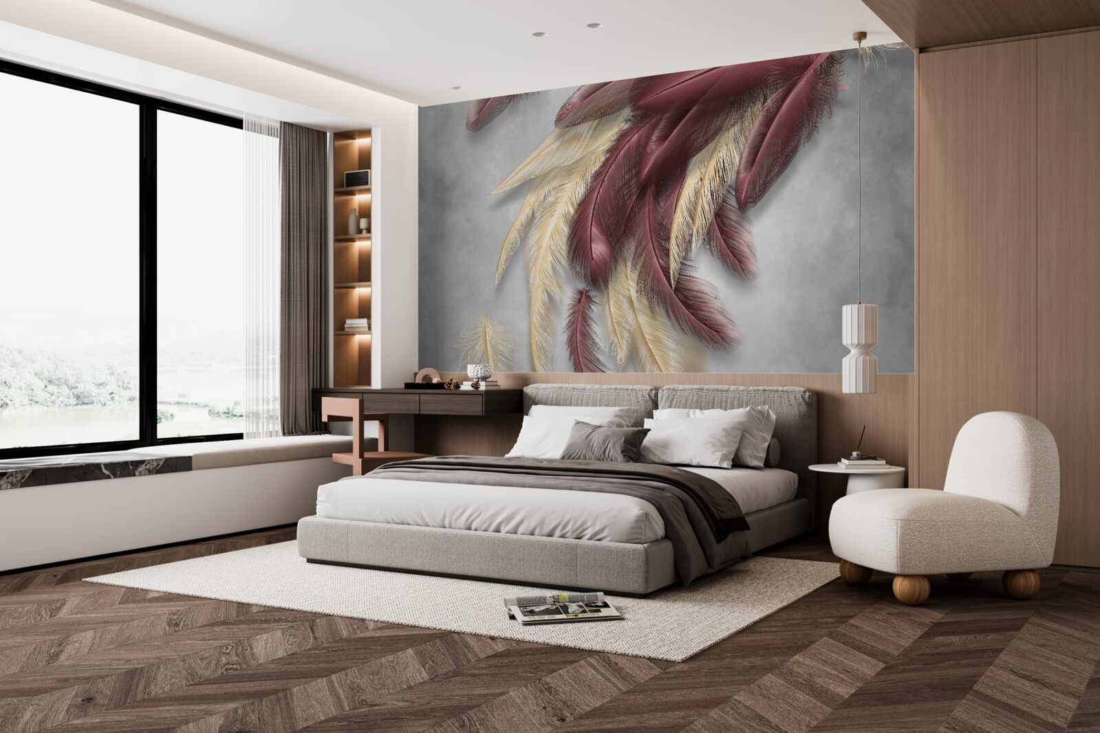 Фотошпалери пір'я у відтінках золота та фіолетового