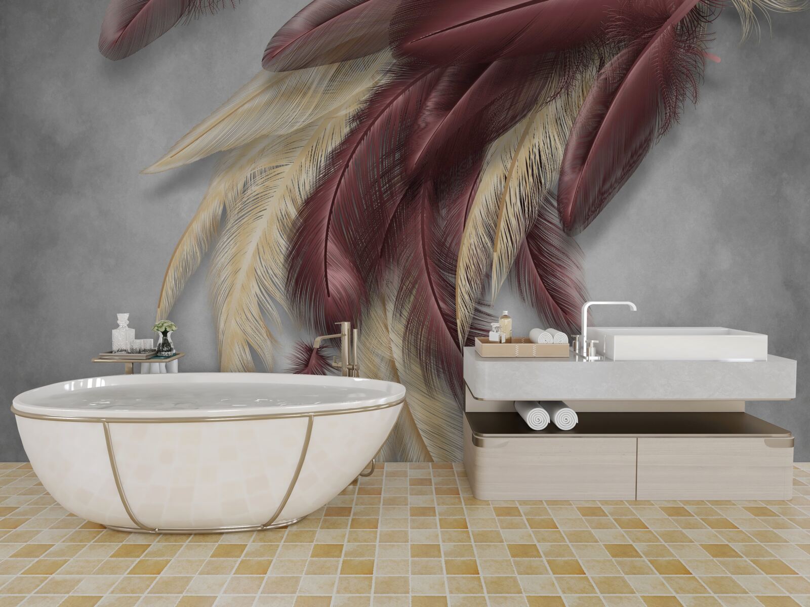 Фотошпалери пір'я у відтінках золота та фіолетового