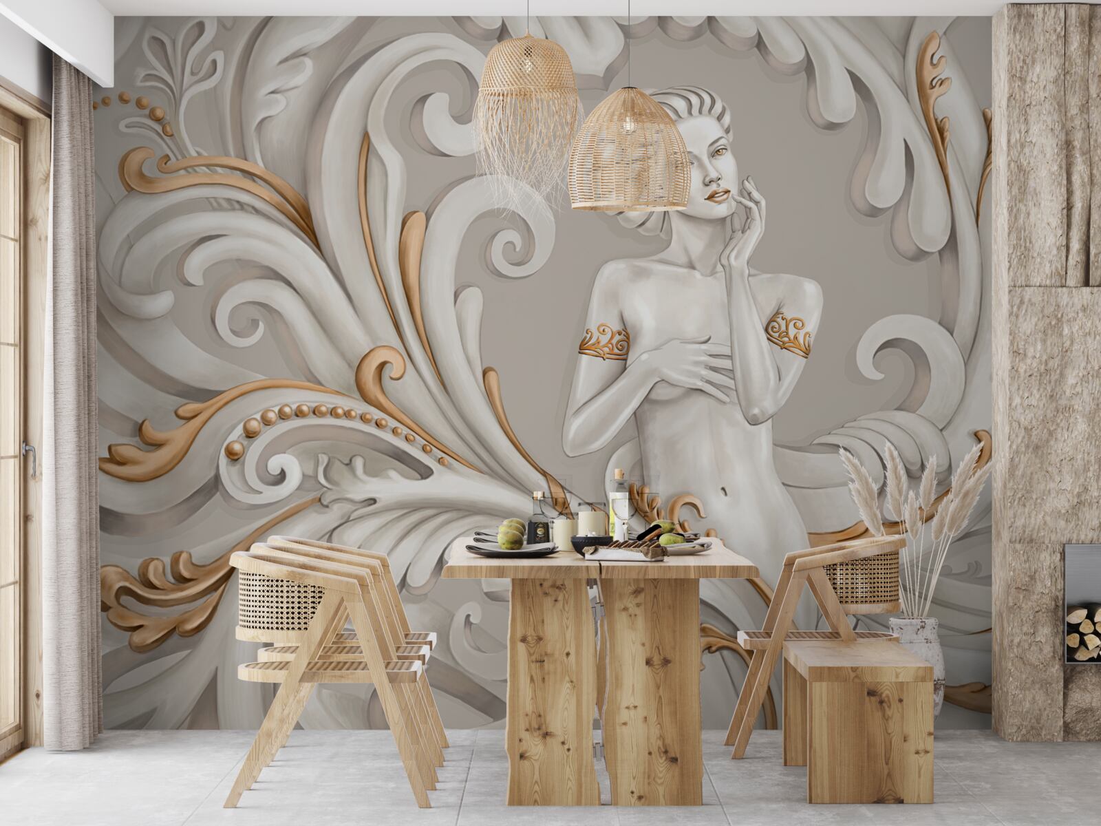 Фотошпалери неодягнену, білошкіру жінку з білими кучерями з рожевим відтінком