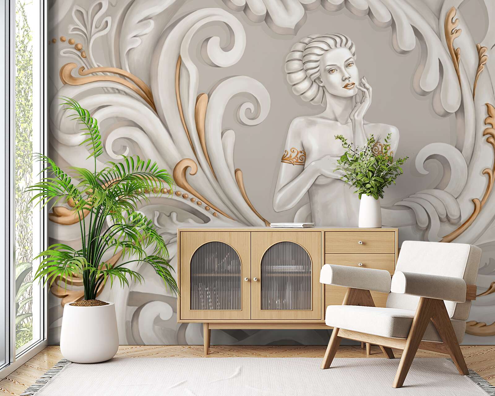 Фотошпалери неодягнену, білошкіру жінку з білими кучерями з рожевим відтінком