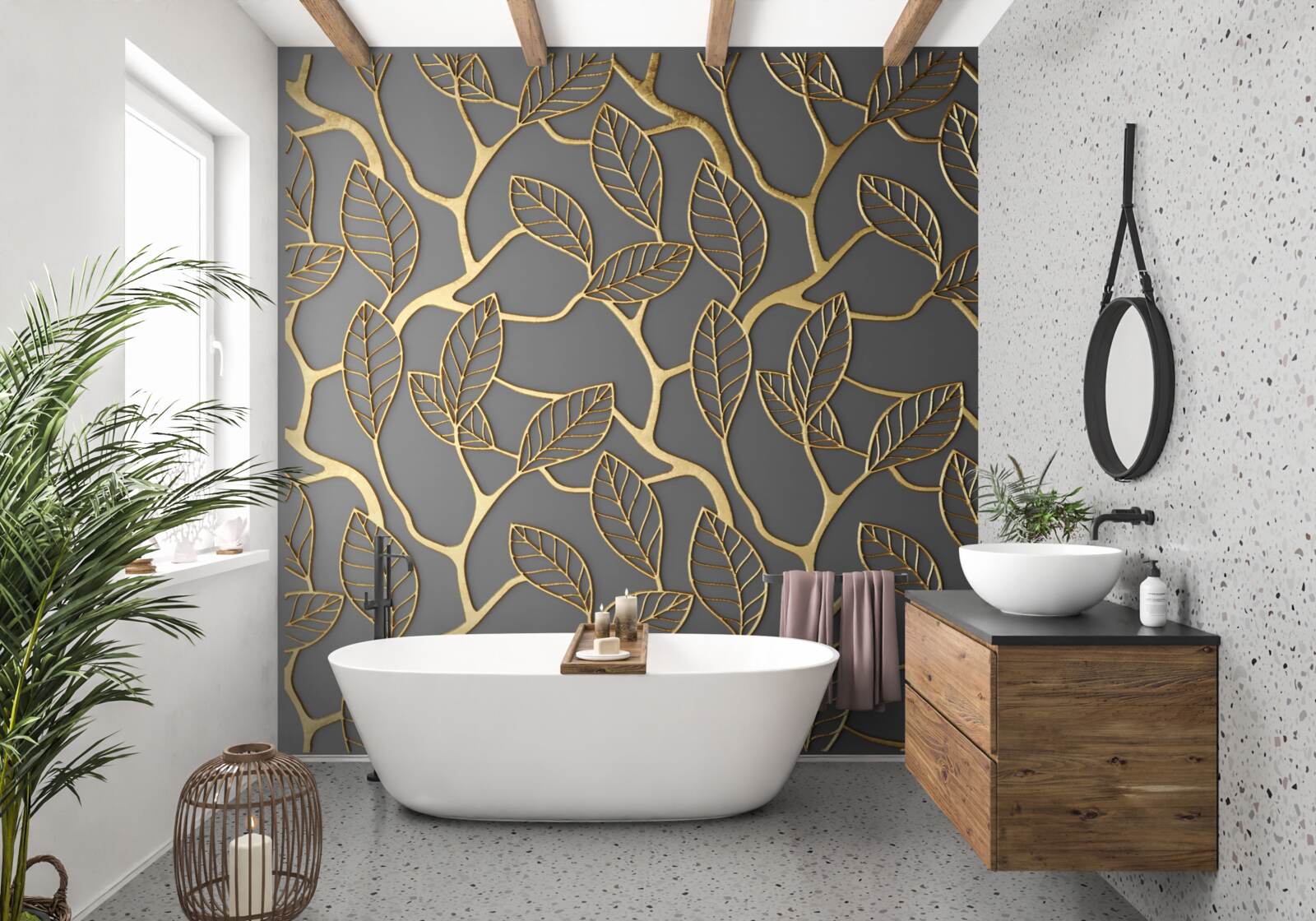 Фотошпалери гілки та листя із золотистим відтінком