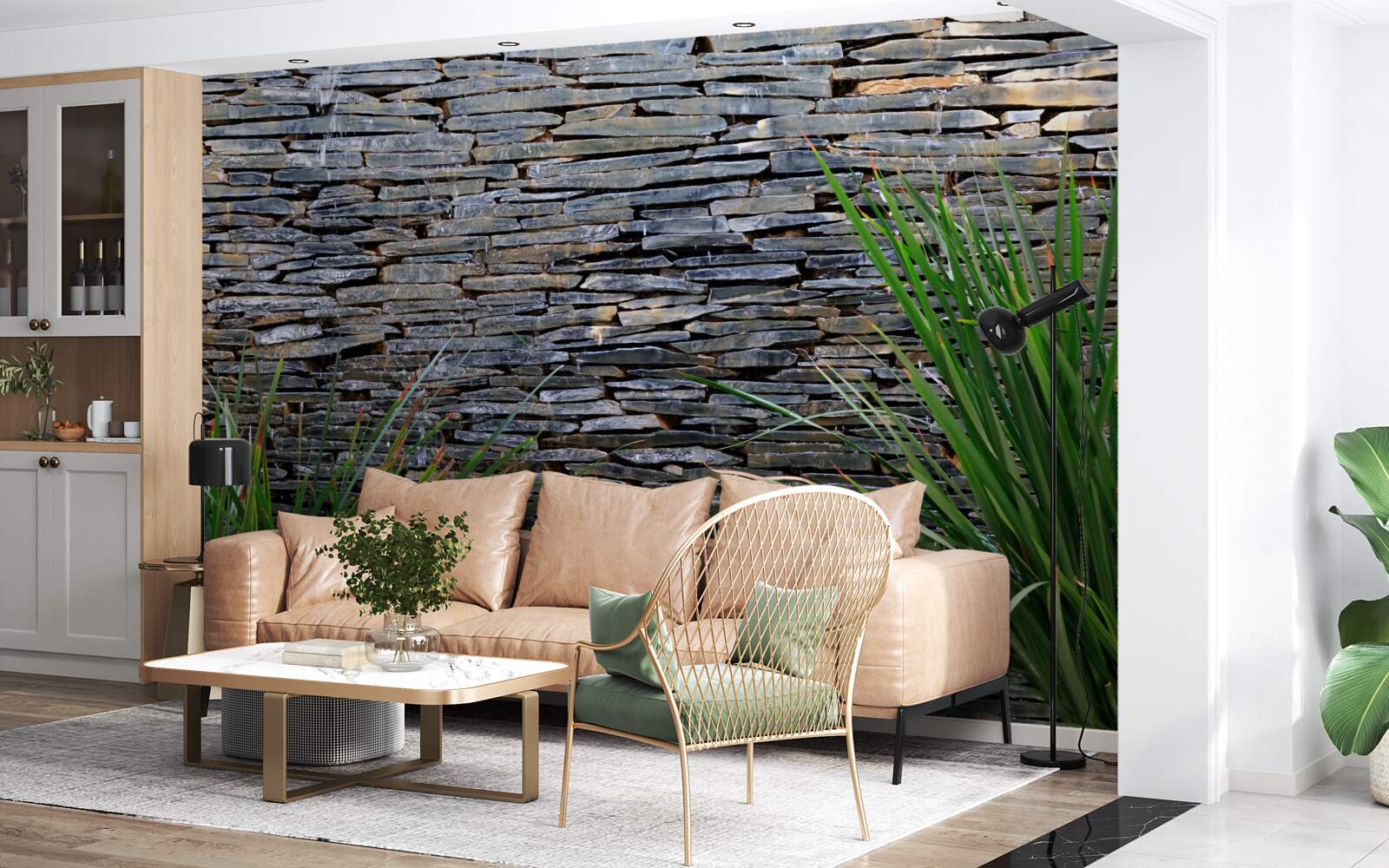 Фотошпалери зелена рослинність і кам'яна стіна