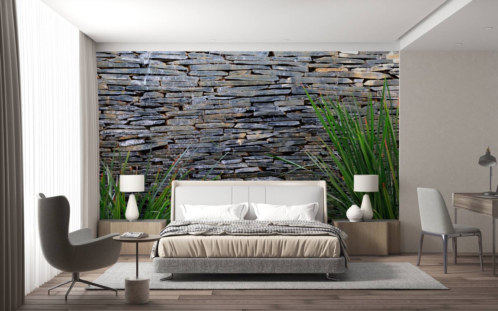 Фотошпалери зелена рослинність і кам'яна стіна