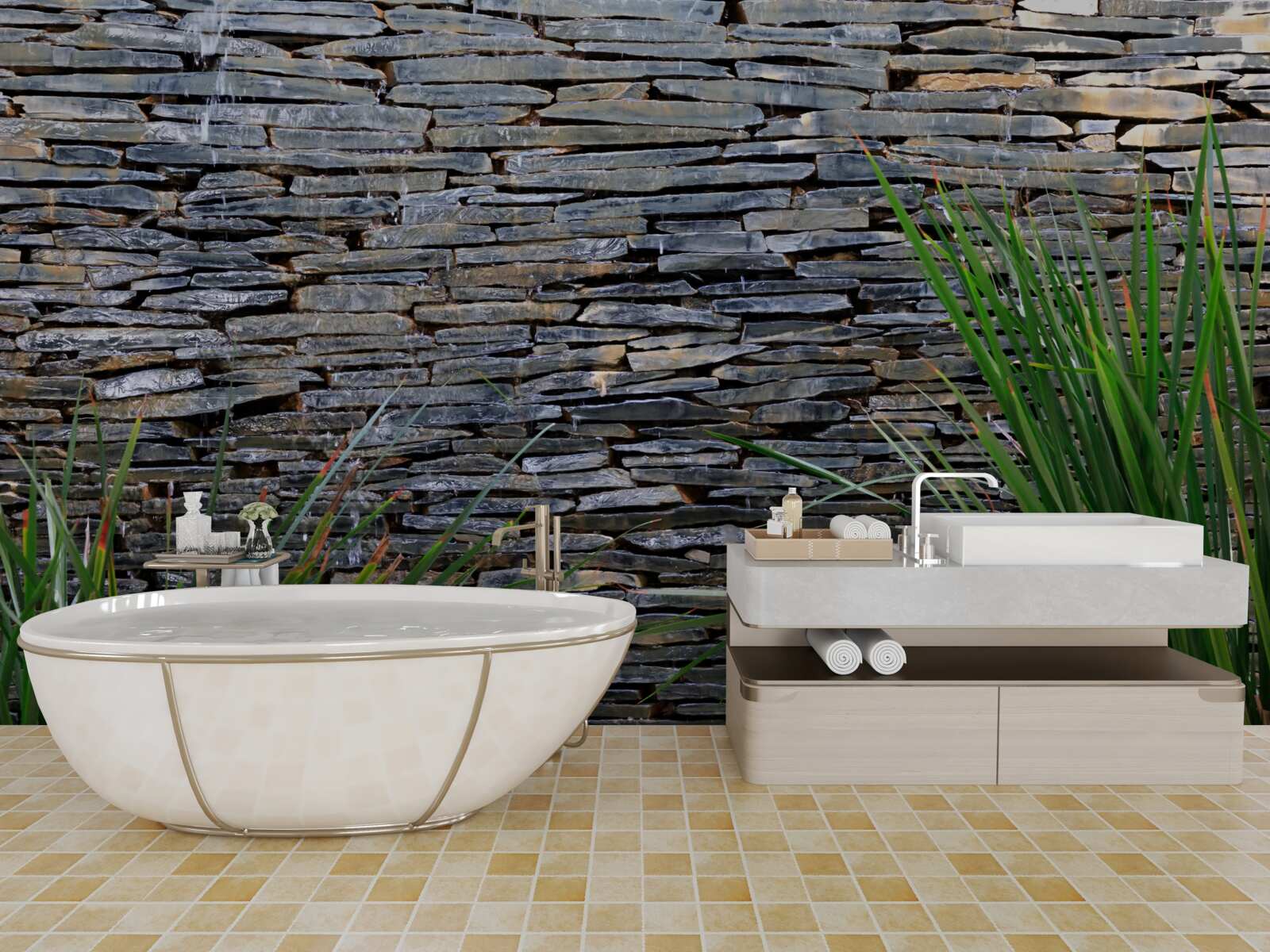 Фотошпалери зелена рослинність і кам'яна стіна