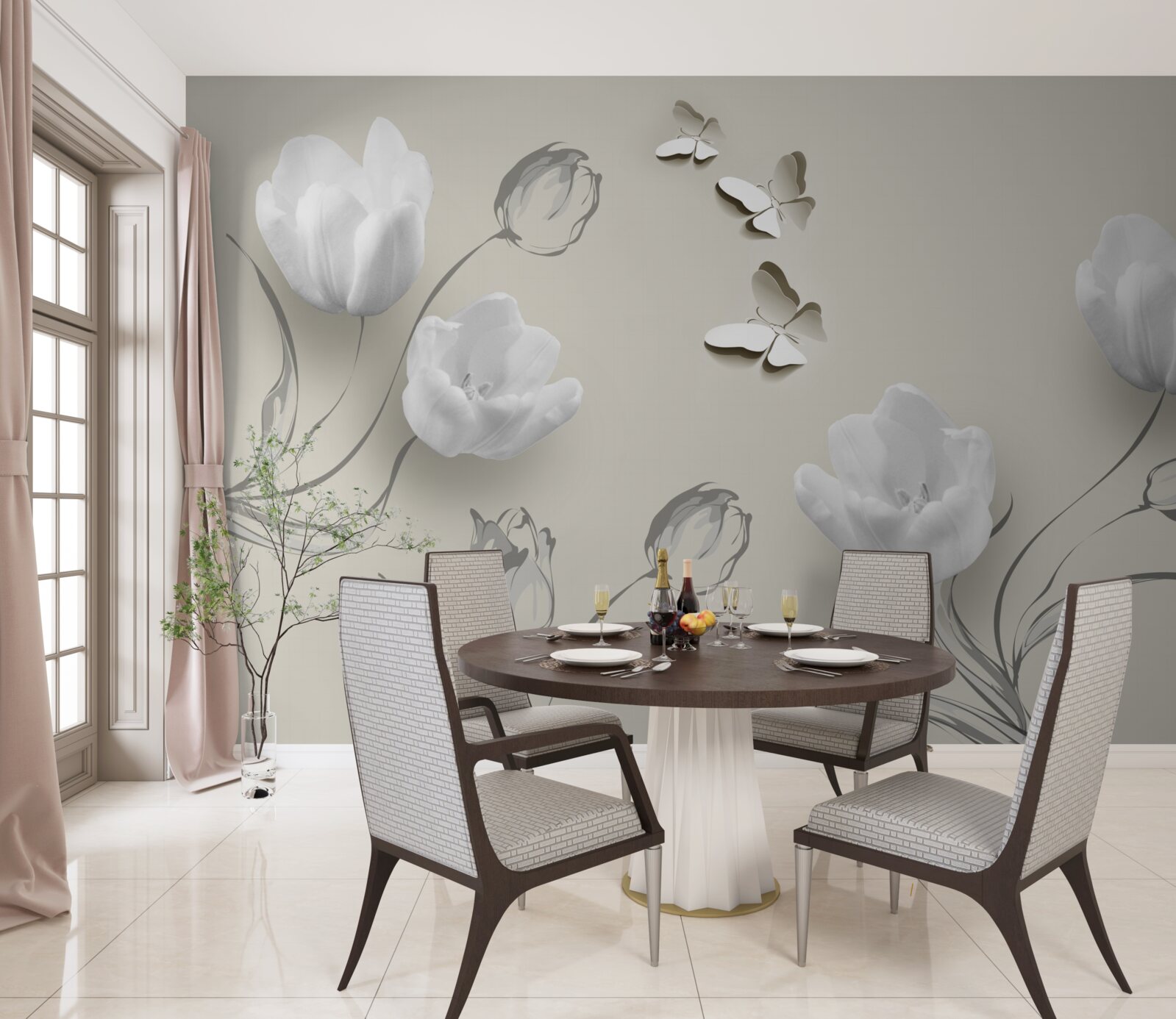 Фотошпалери чисті сріблясті тюльпани та метелики поруч