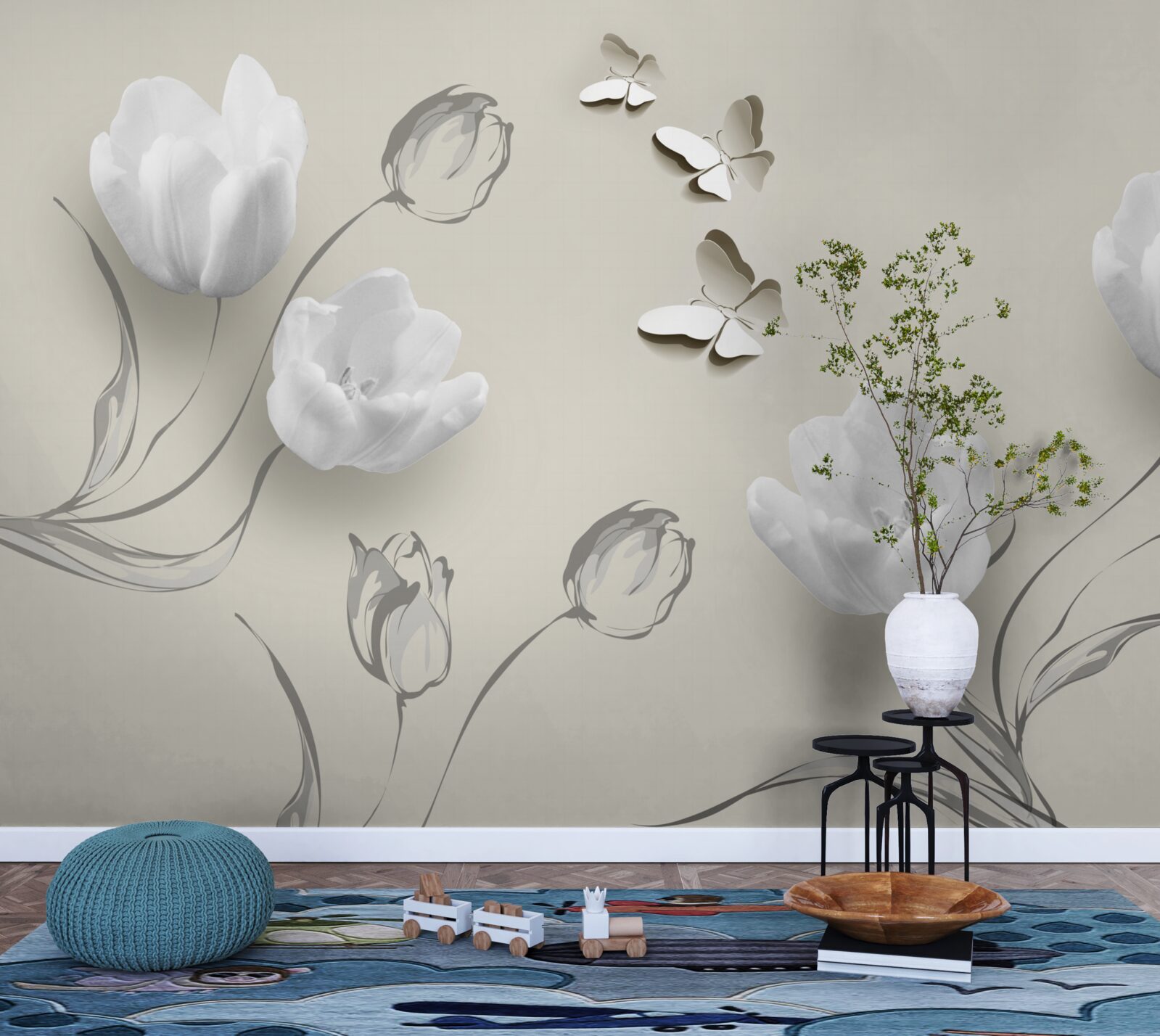 Фотошпалери чисті сріблясті тюльпани та метелики поруч