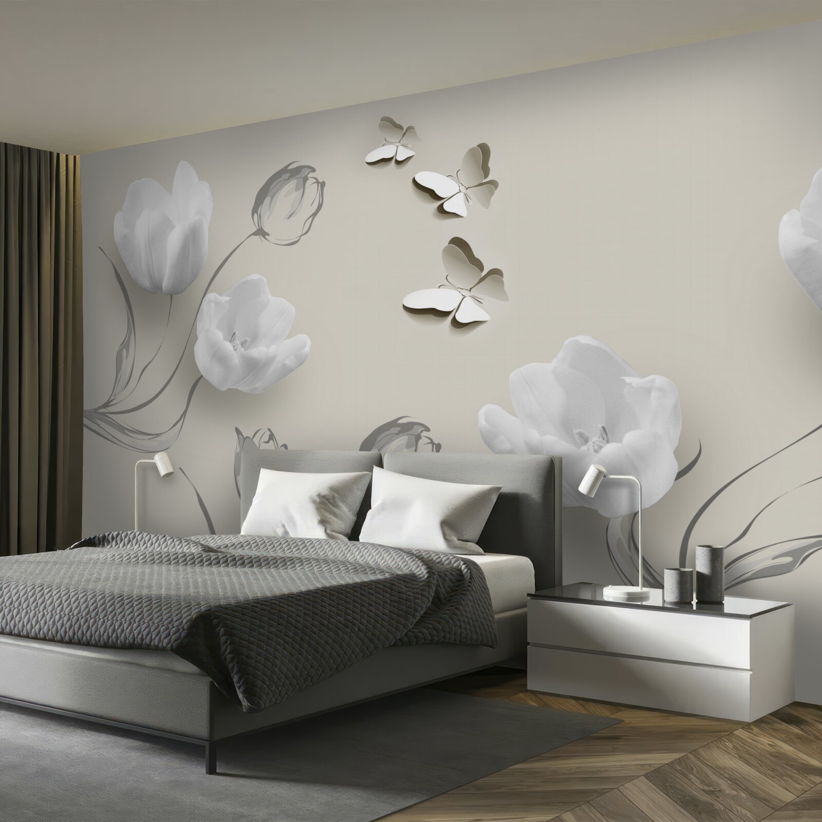 Фотошпалери чисті сріблясті тюльпани та метелики поруч