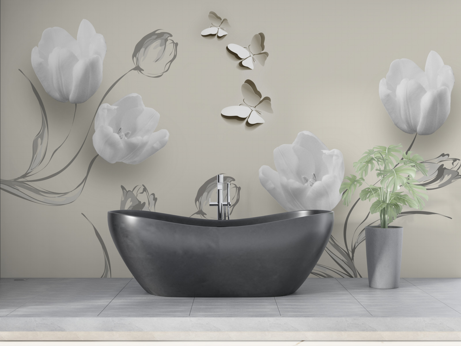 Фотошпалери чисті сріблясті тюльпани та метелики поруч