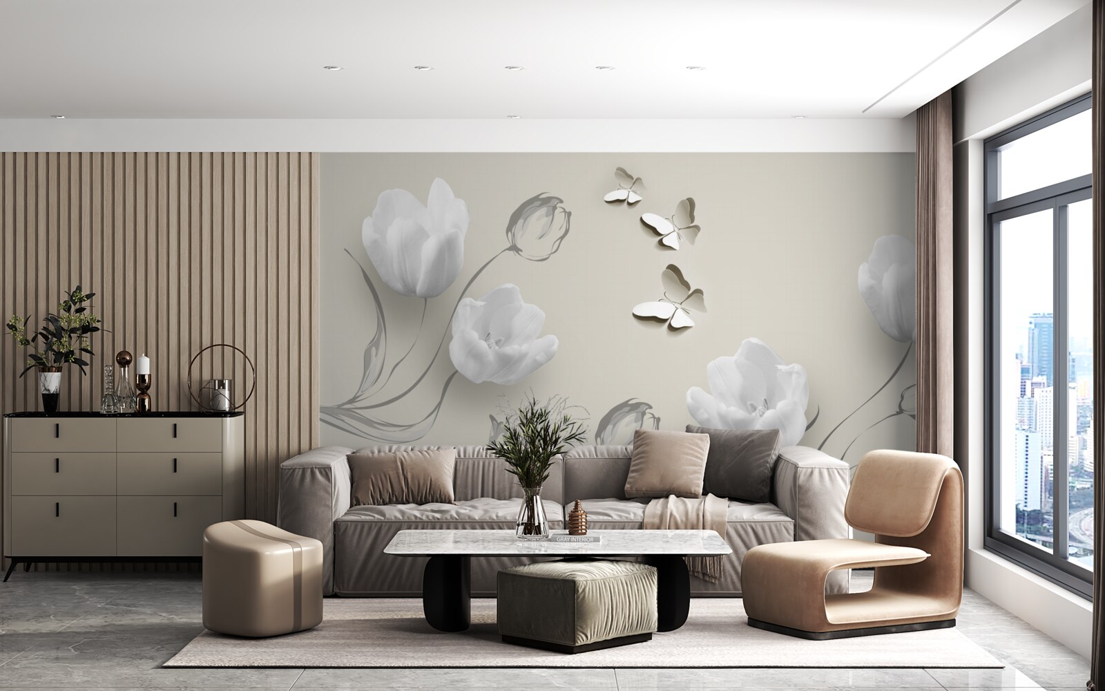 Фотошпалери чисті сріблясті тюльпани та метелики поруч