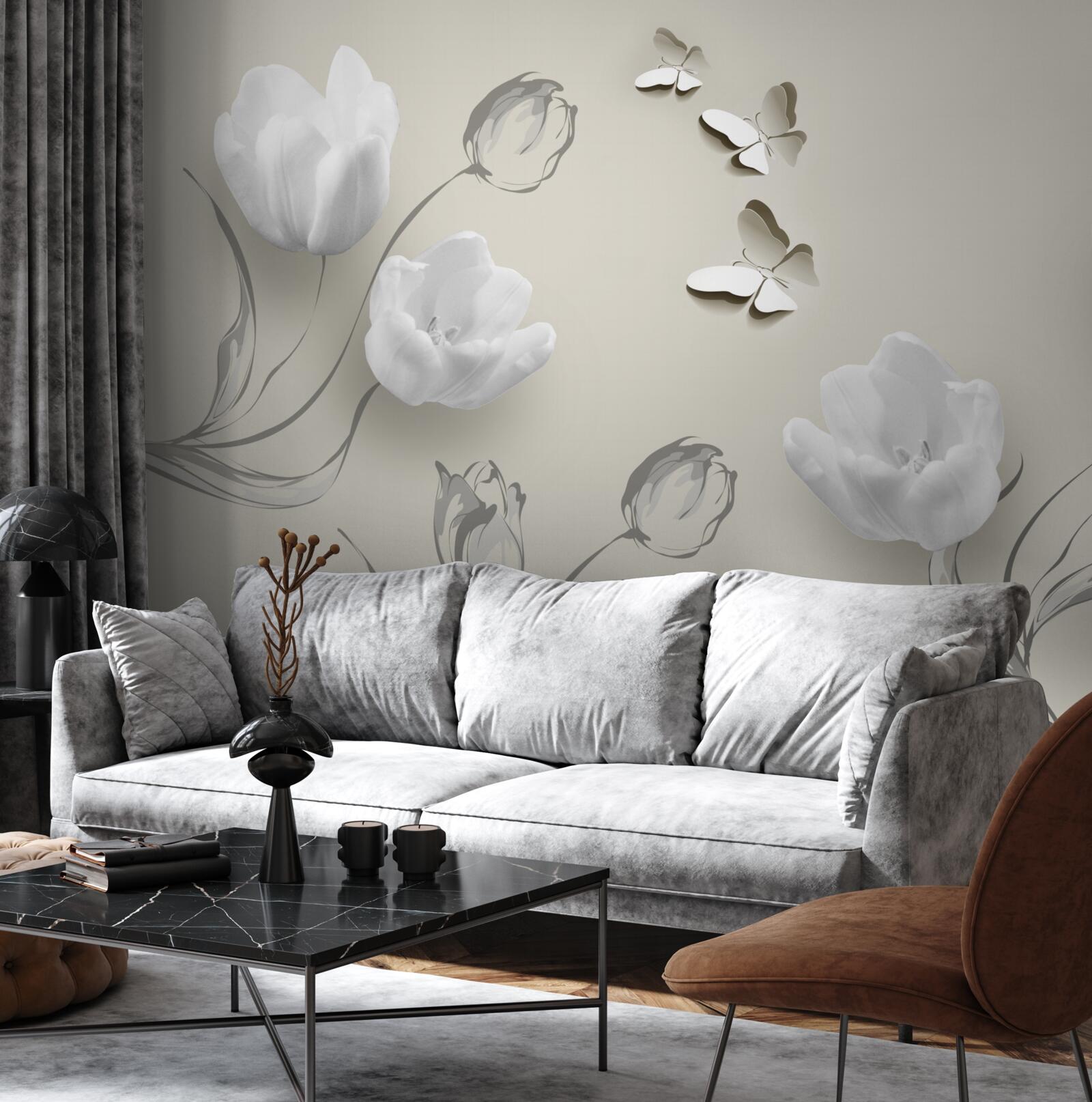 Фотошпалери чисті сріблясті тюльпани та метелики поруч