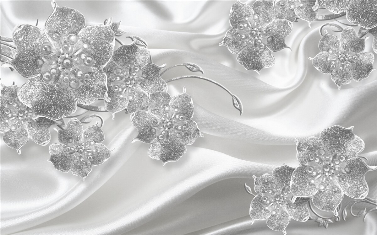 Фотошпалери біла атласна тканина з сірими квітами