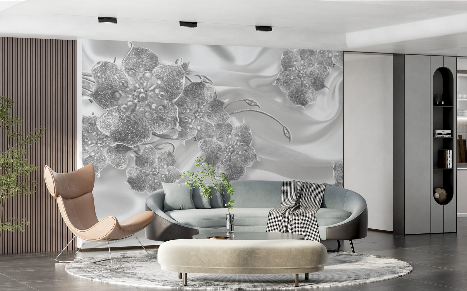 Фотошпалери біла атласна тканина з сірими квітами