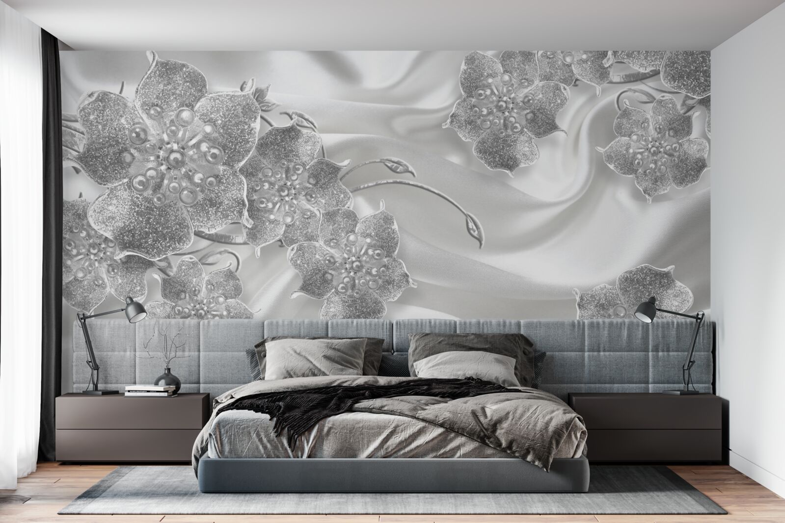 Фотошпалери біла атласна тканина з сірими квітами