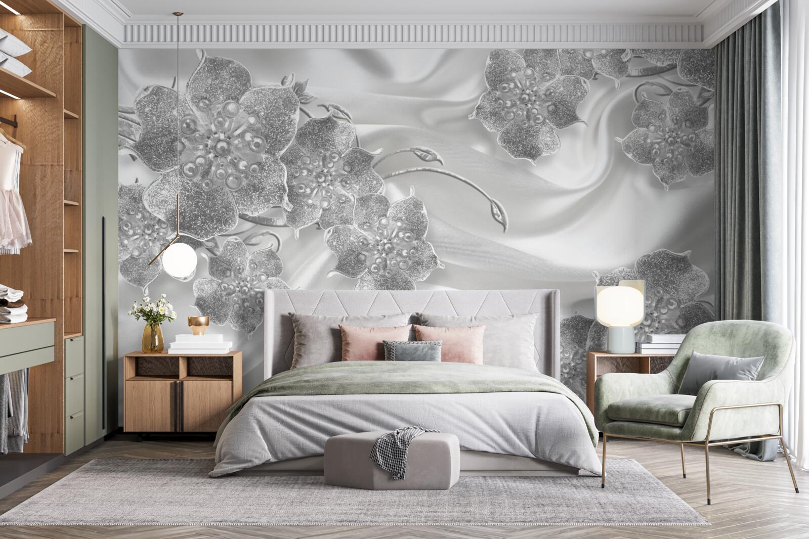 Фотошпалери біла атласна тканина з сірими квітами