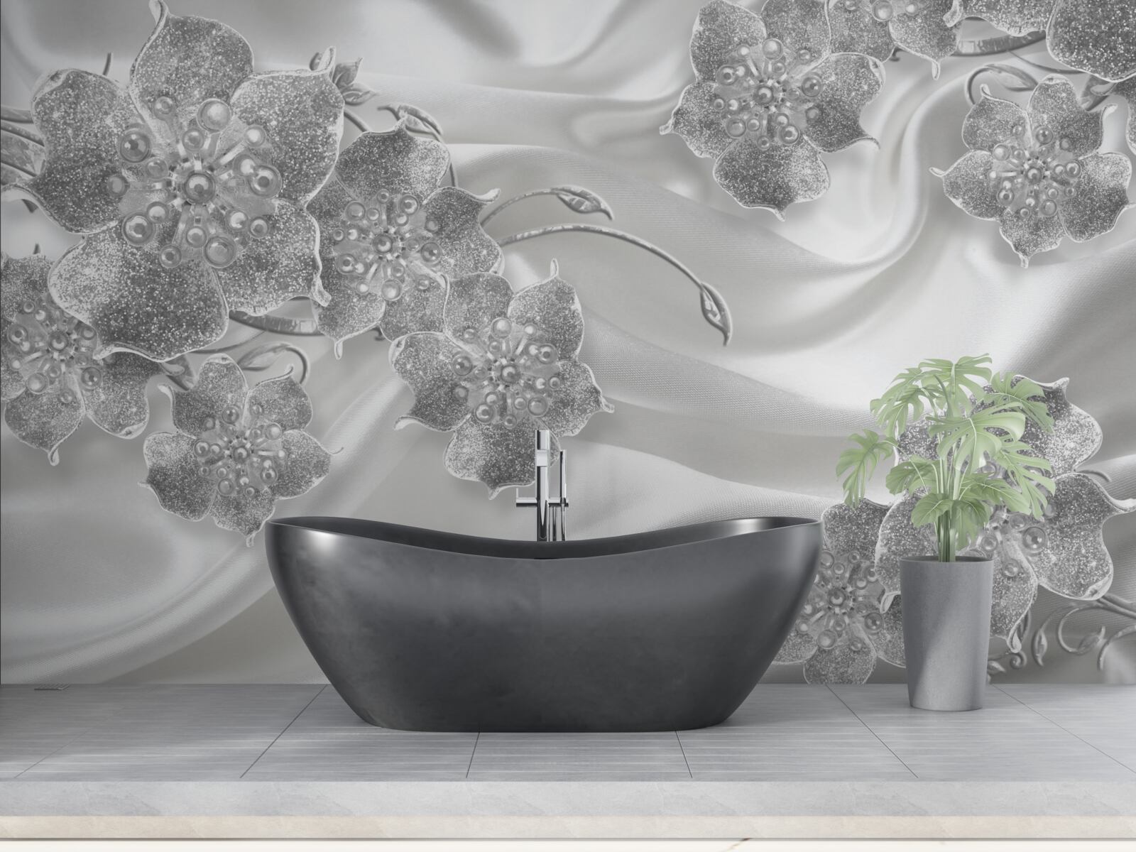 Фотошпалери біла атласна тканина з сірими квітами