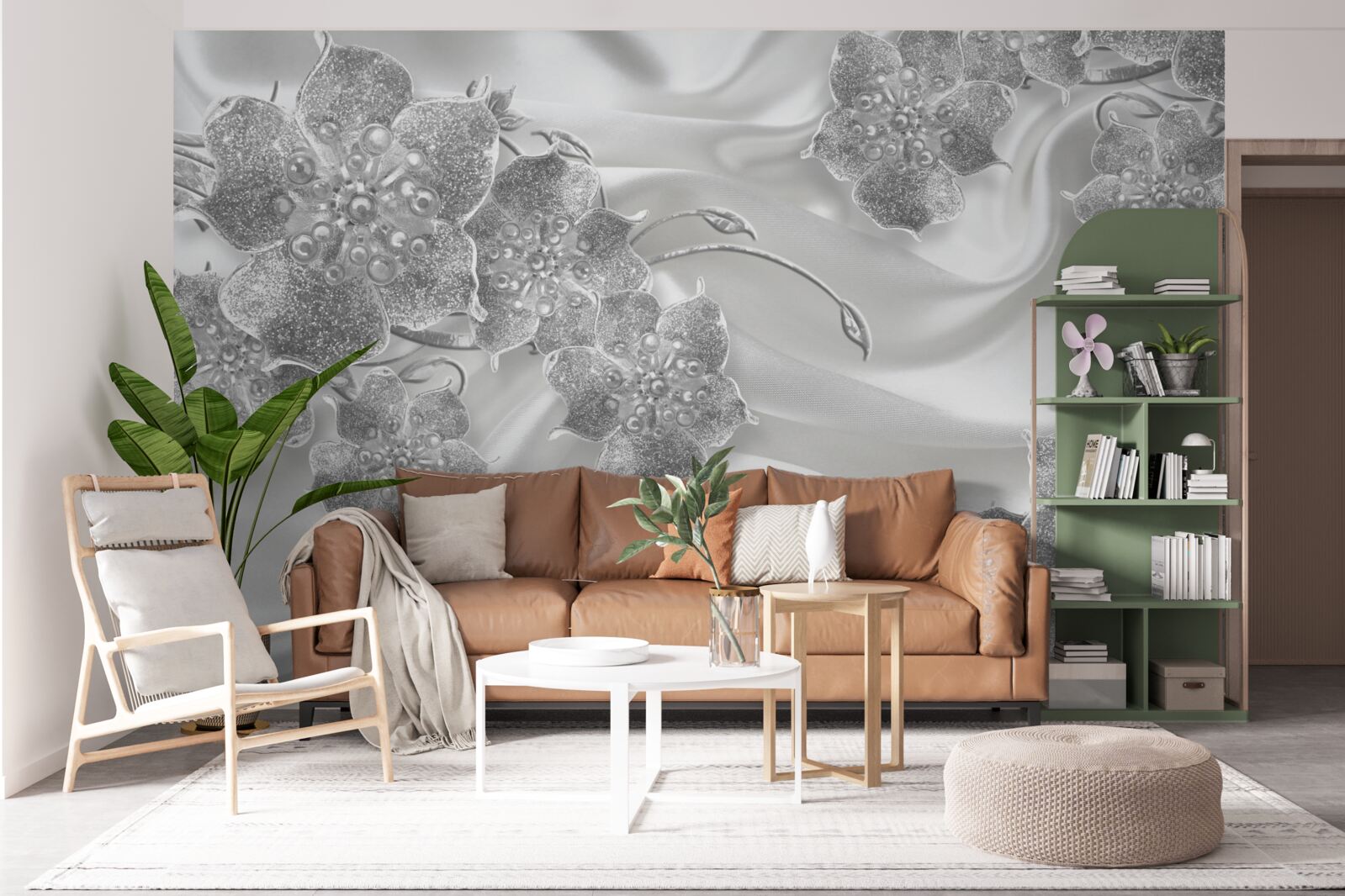 Фотошпалери біла атласна тканина з сірими квітами