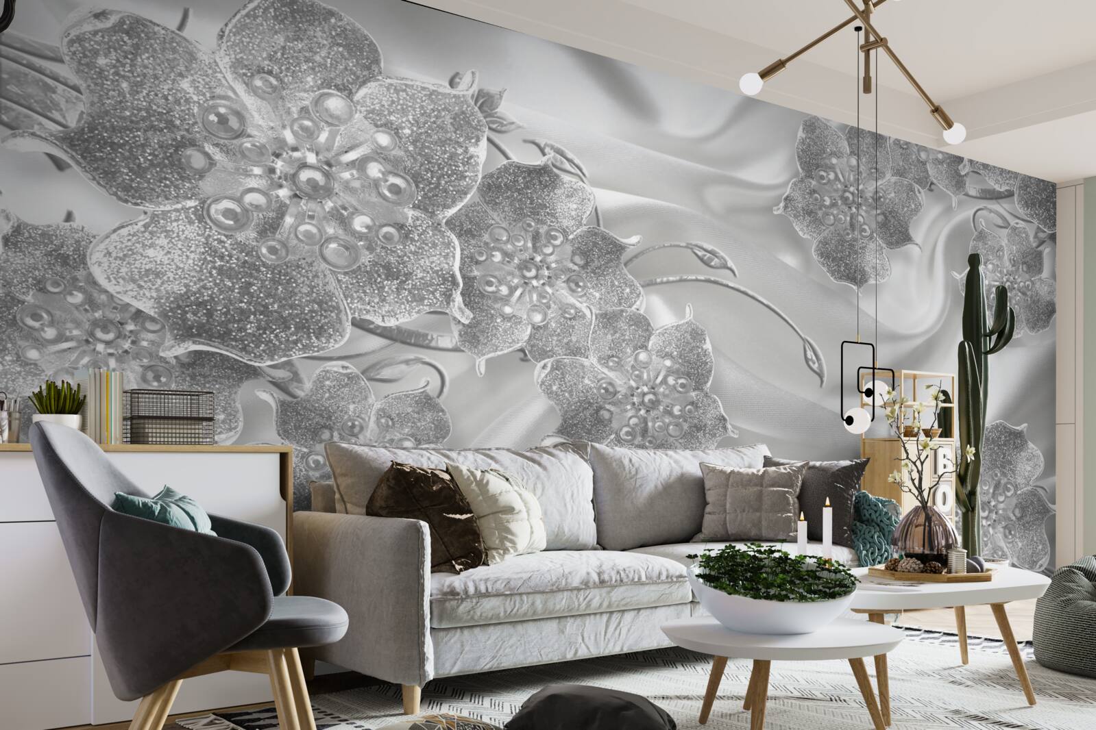 Фотошпалери біла атласна тканина з сірими квітами