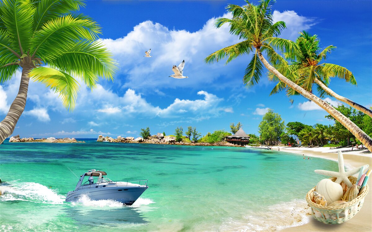 Фотошпалери острівний пляж приймає яхту, що наближається