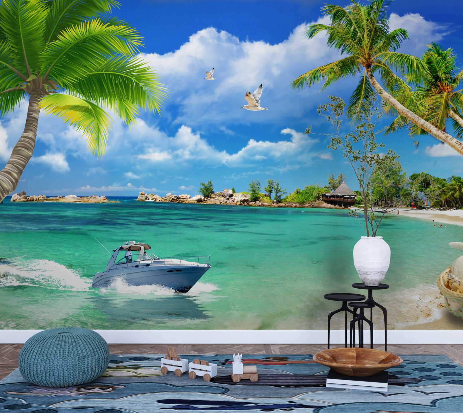 Фотошпалери острівний пляж приймає яхту, що наближається