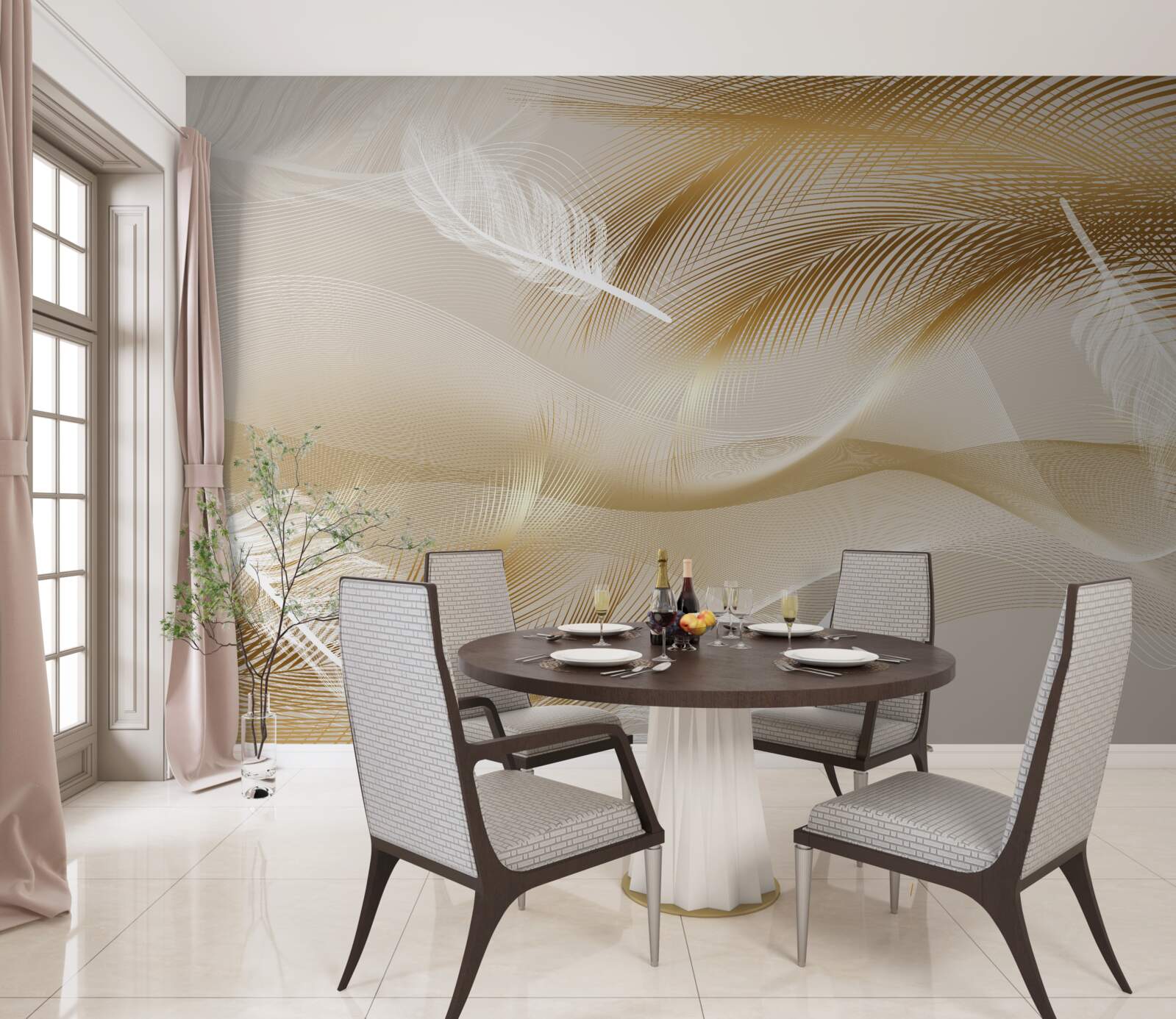 Фотошпалери золоті гілки та білий пух