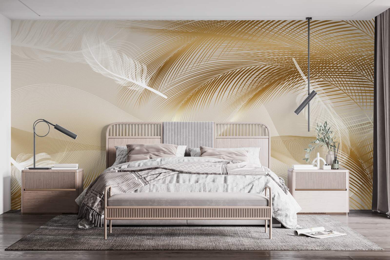 Фотошпалери золоті гілки та білий пух