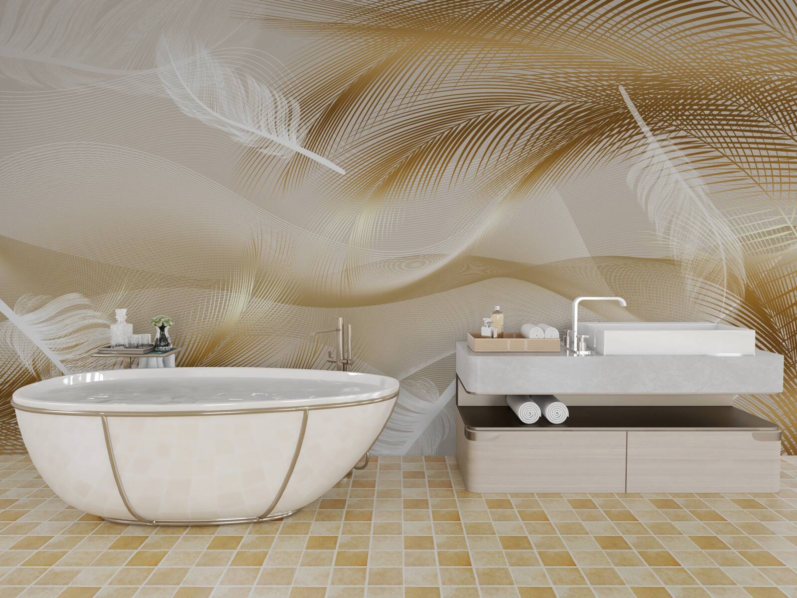 Фотошпалери золоті гілки та білий пух