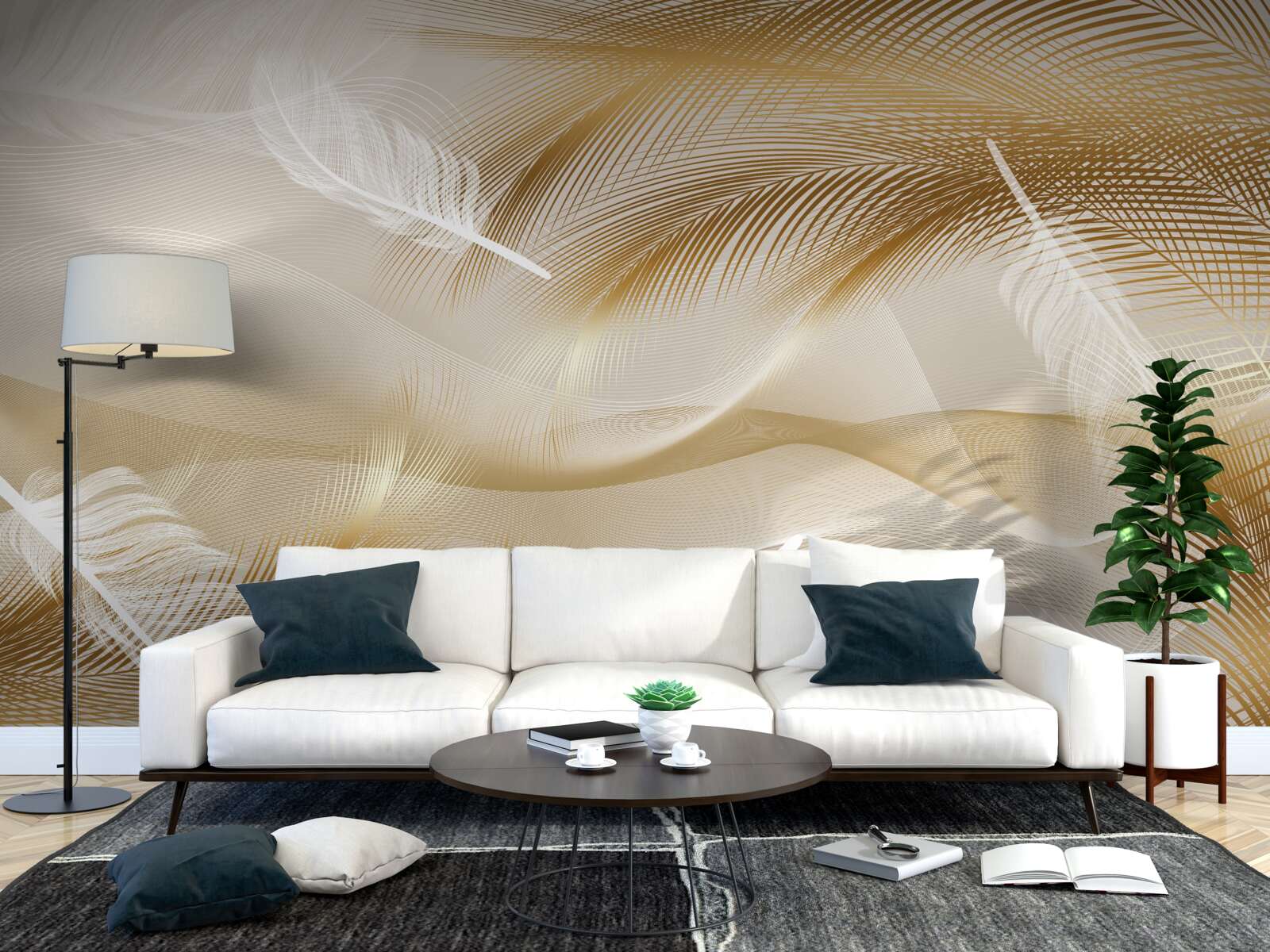 Фотошпалери золоті гілки та білий пух