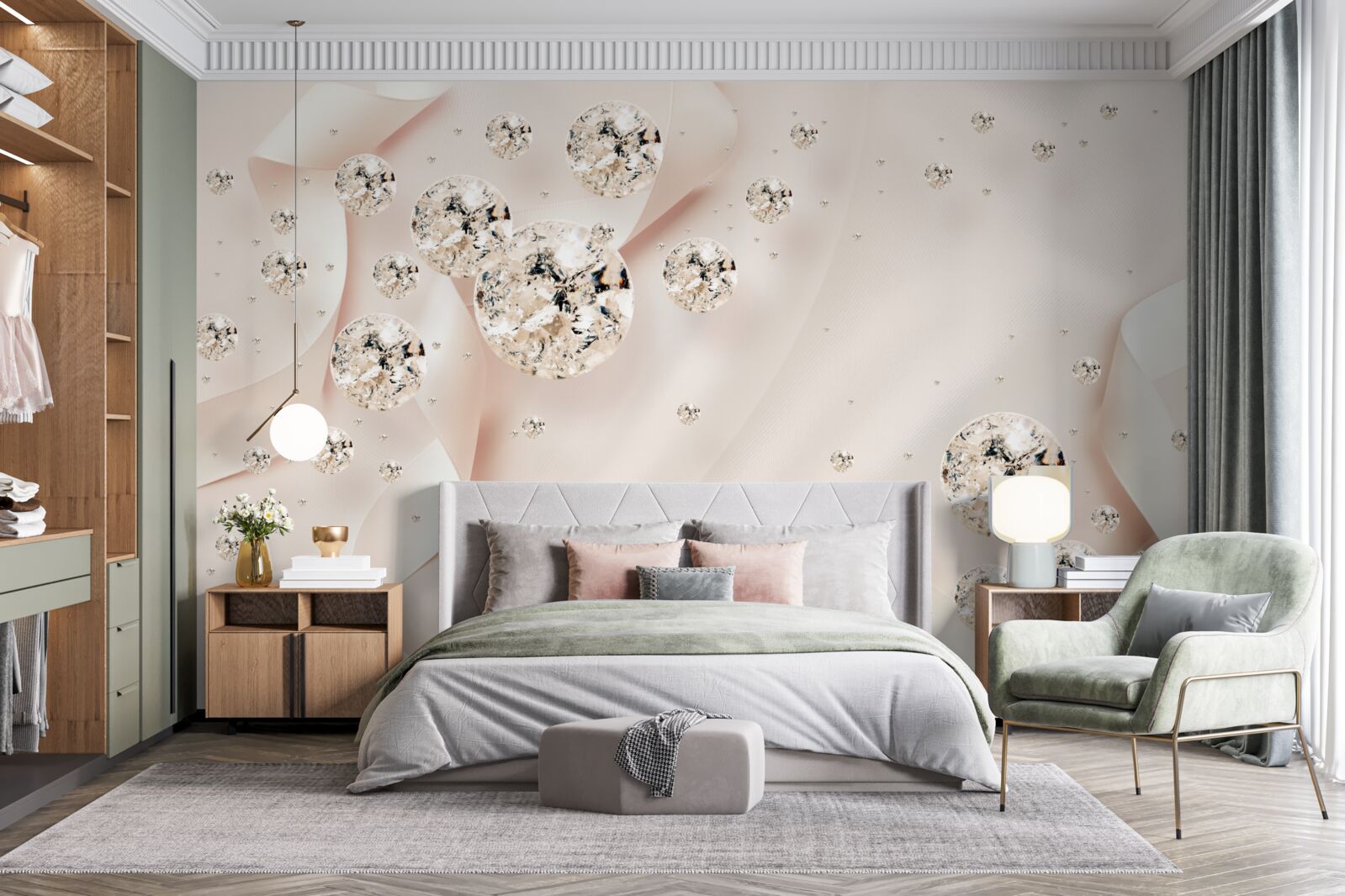 Фотошпалери білі діаманти зачаровують на ніжному рожевому тлі