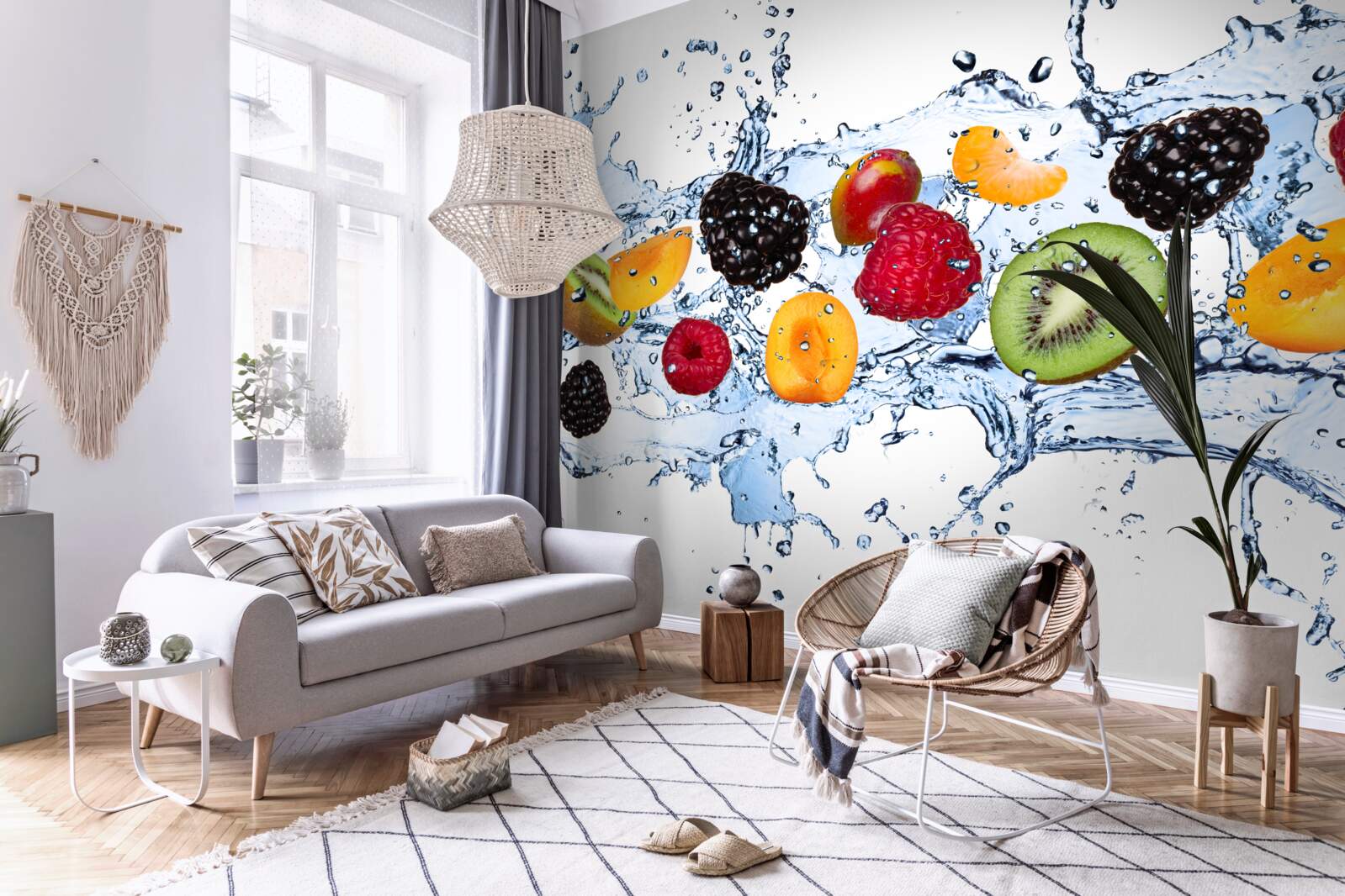 Фотошпалери фрукти, порізані на шматочки і плаваючі у воді, насичувалися вологою