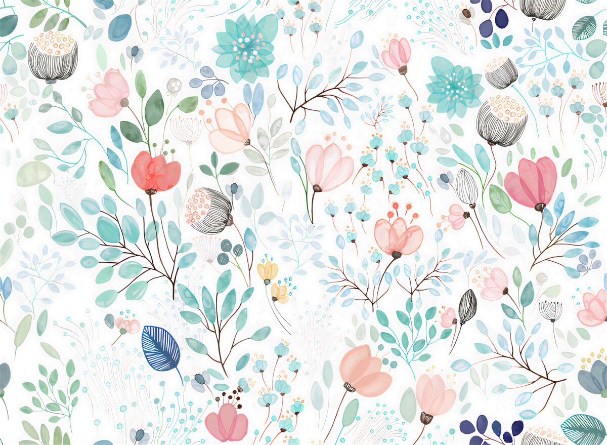 Фотошпалери акварельні квіти та листя ніжних відтінків