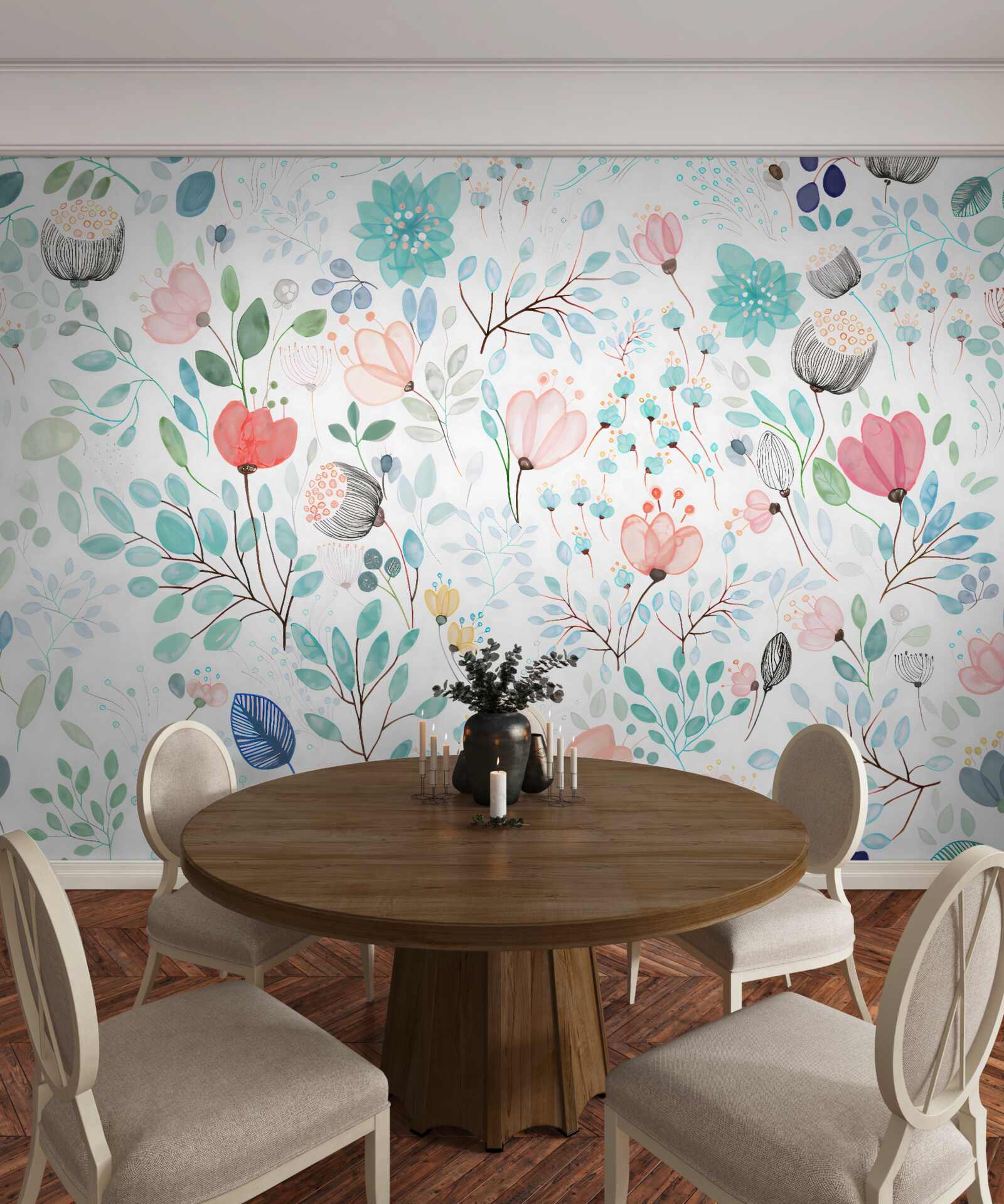 Фотошпалери акварельні квіти та листя ніжних відтінків