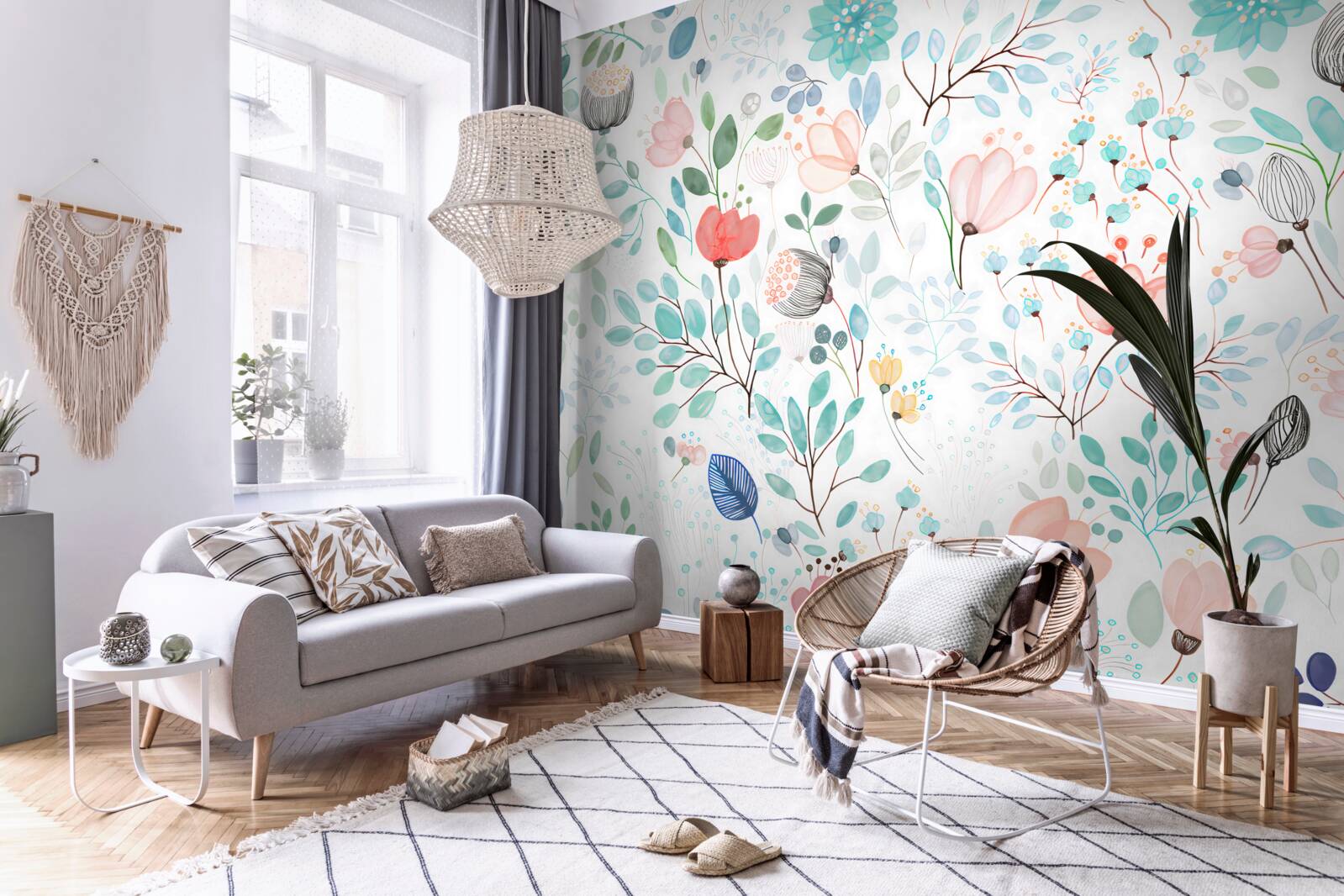 Фотошпалери акварельні квіти та листя ніжних відтінків