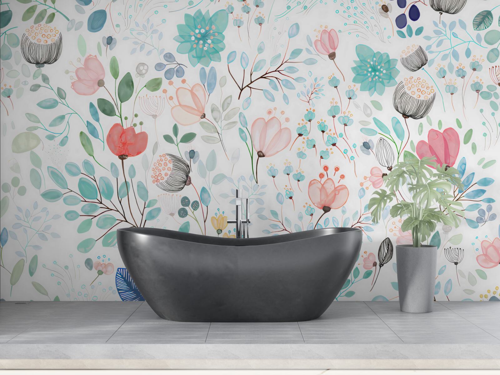 Фотошпалери акварельні квіти та листя ніжних відтінків