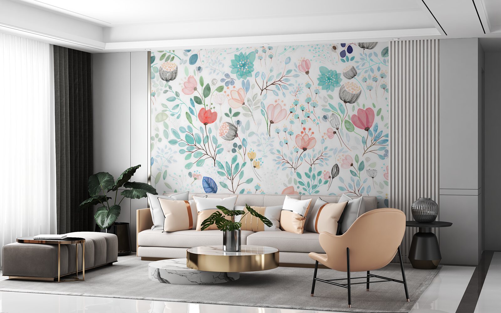 Фотошпалери акварельні квіти та листя ніжних відтінків