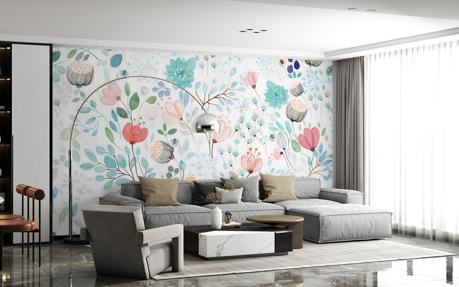 Фотошпалери акварельні квіти та листя ніжних відтінків