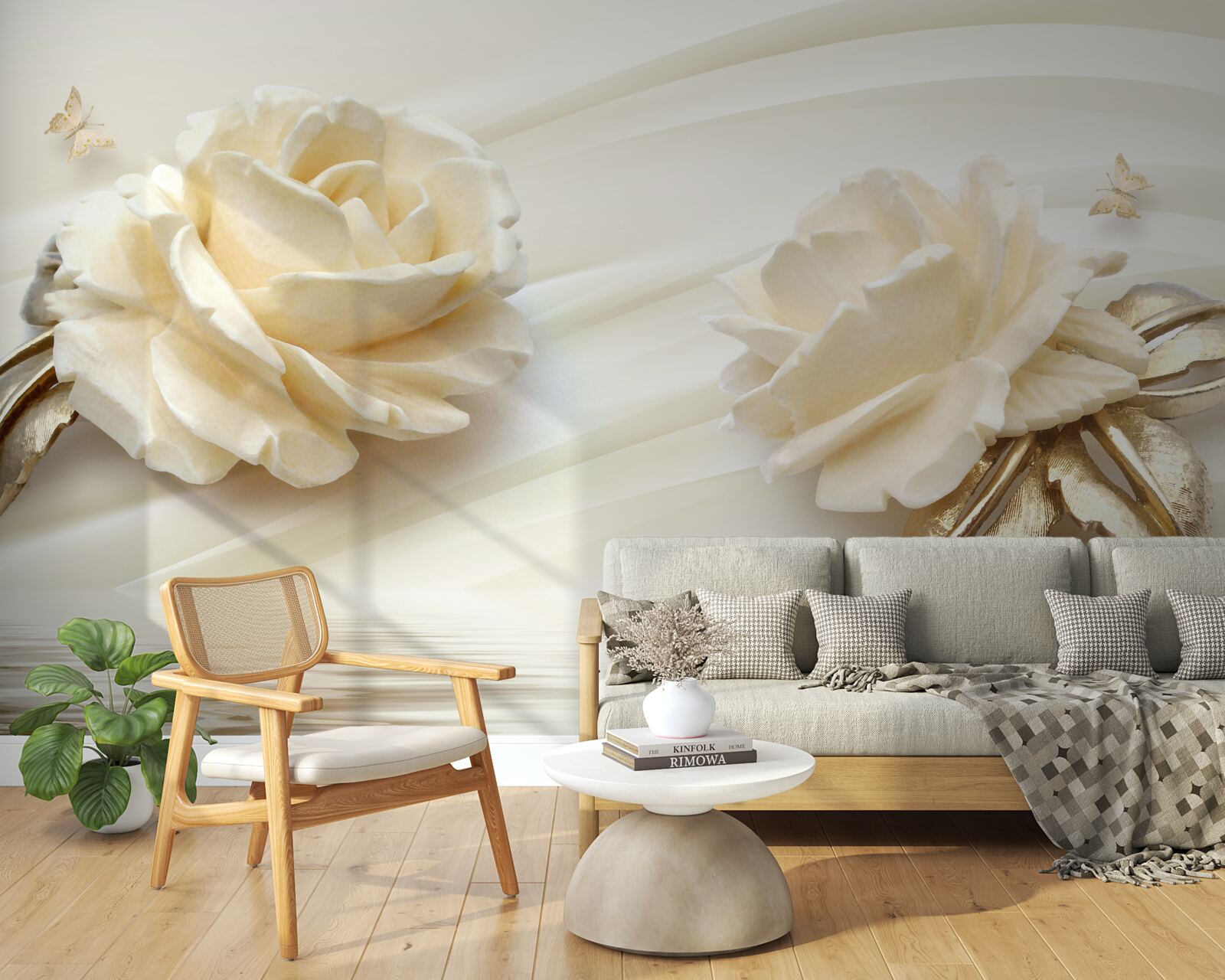 Фотошпалери дві великі квітки бежевої троянди