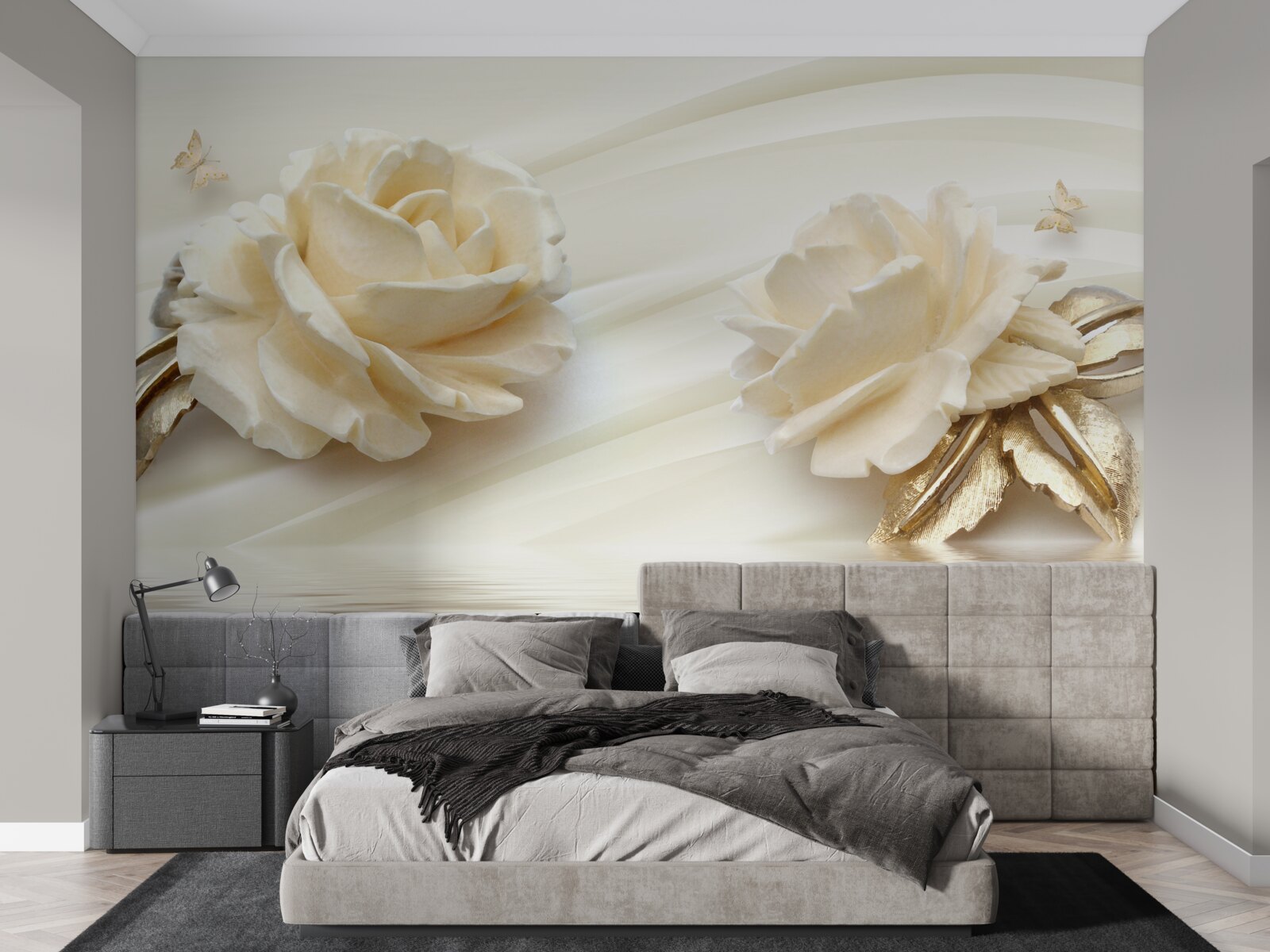 Фотошпалери дві великі квітки бежевої троянди