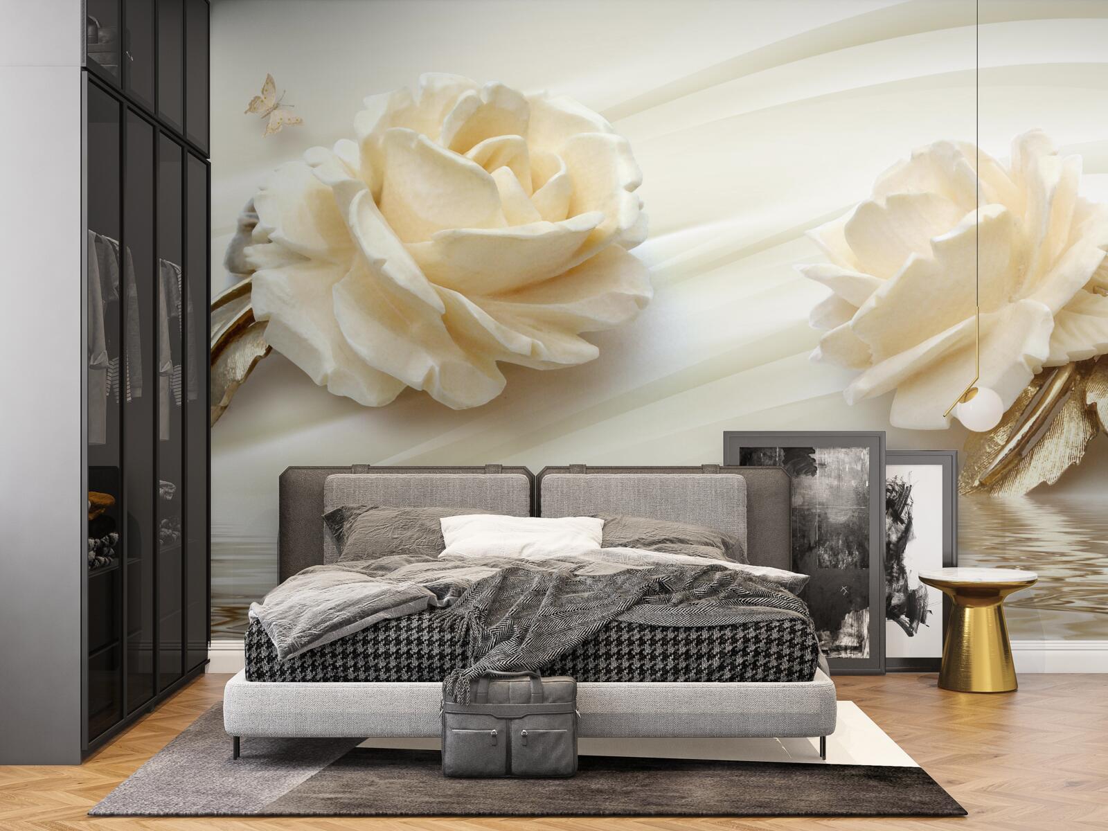 Фотошпалери дві великі квітки бежевої троянди