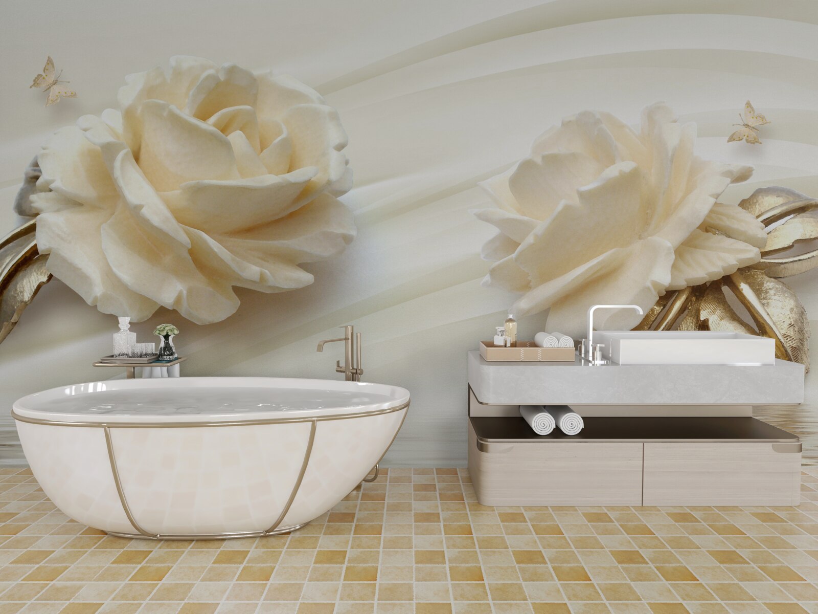 Фотошпалери дві великі квітки бежевої троянди