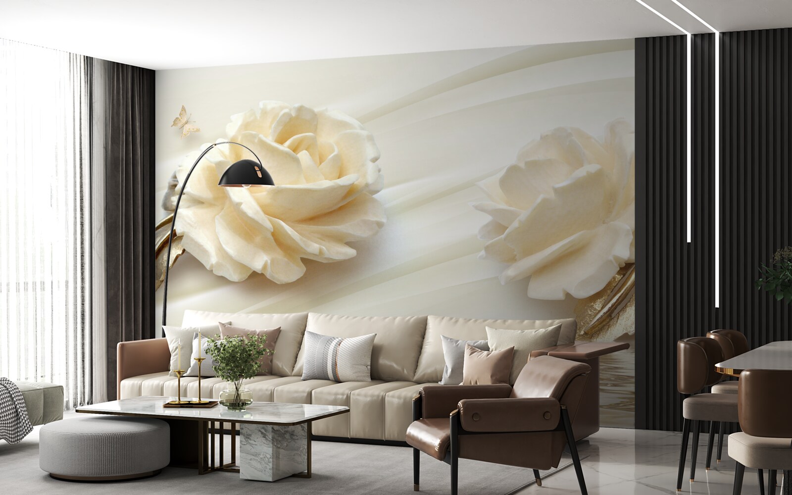 Фотошпалери дві великі квітки бежевої троянди