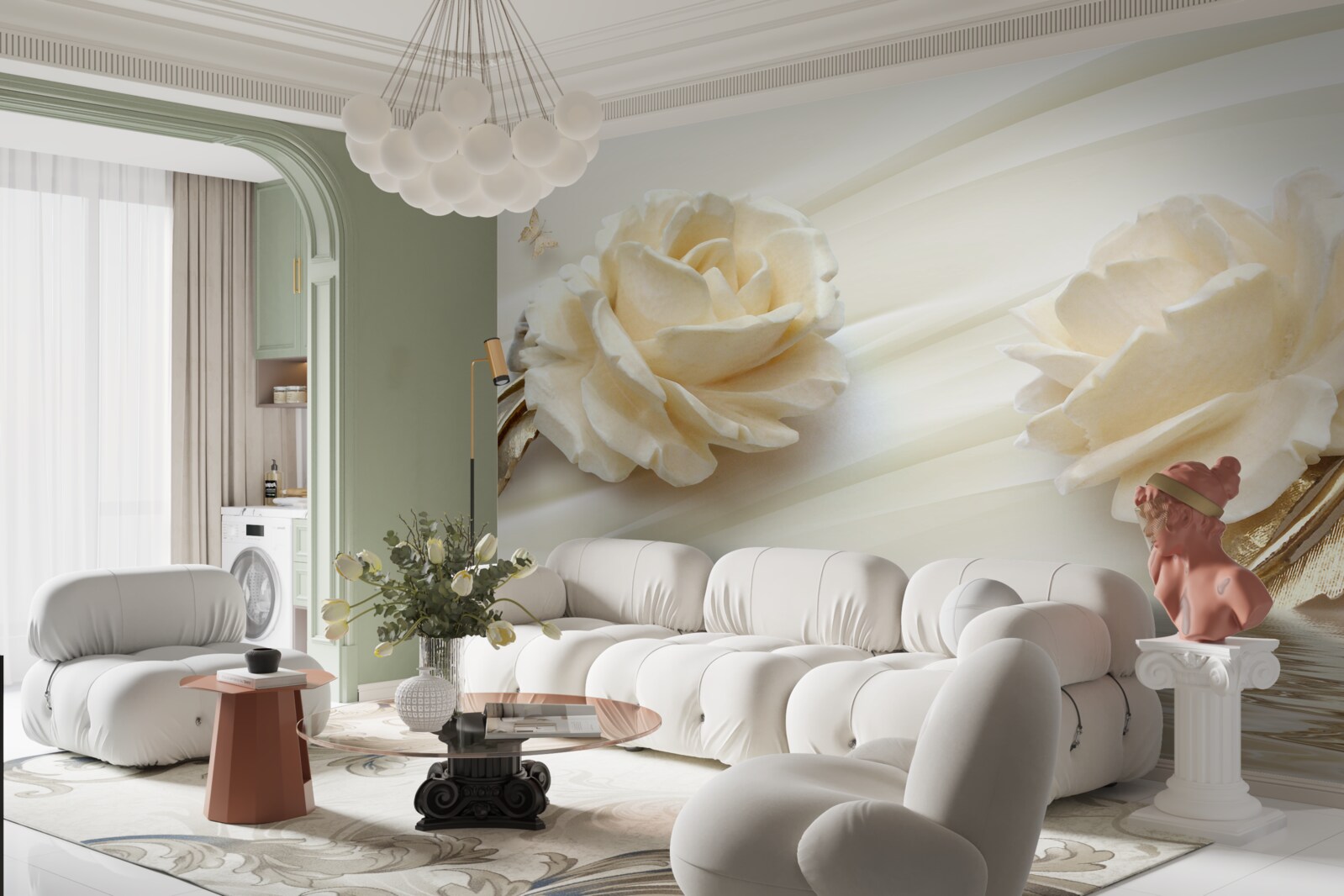 Фотошпалери дві великі квітки бежевої троянди