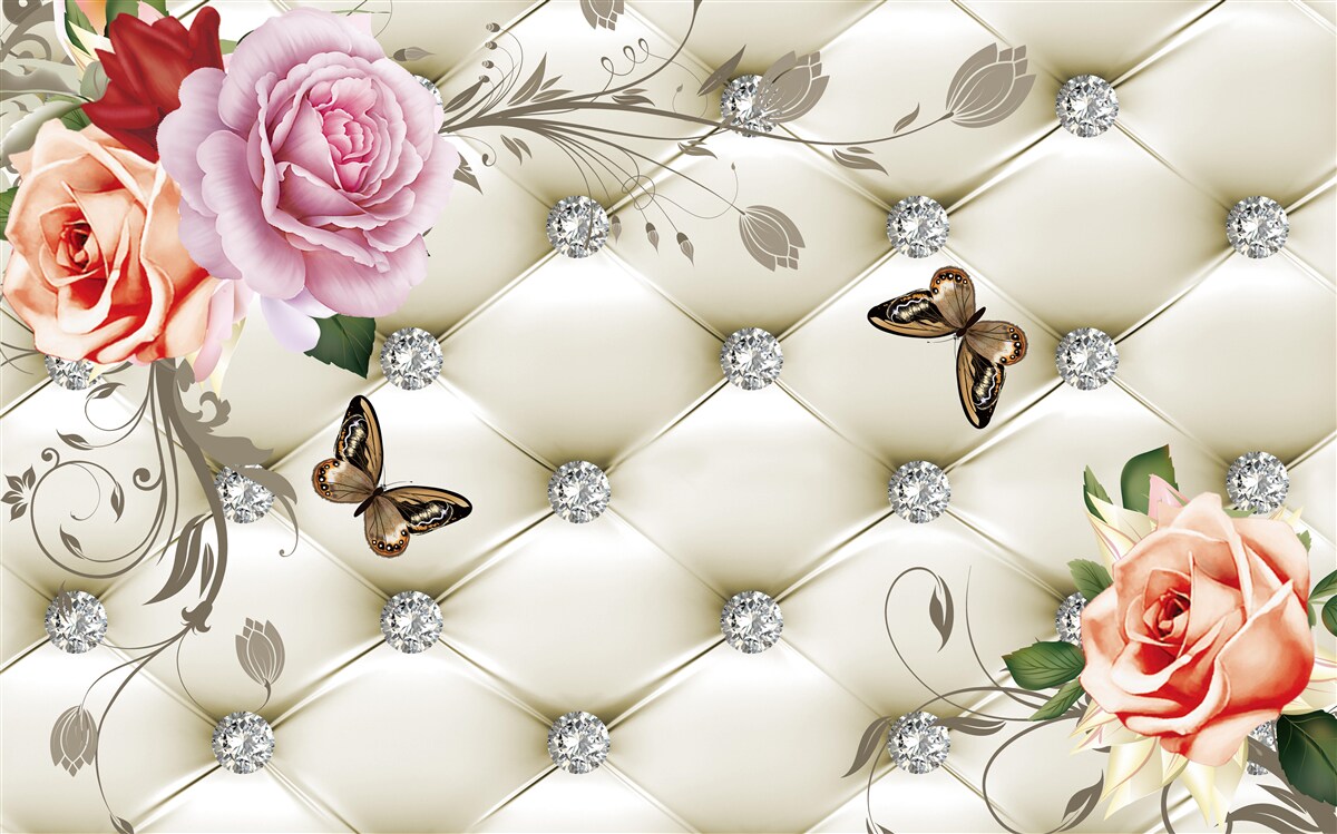 Фотошпалери Стіна, прикрашена трояндами та метеликами на білому стьобаному тлі