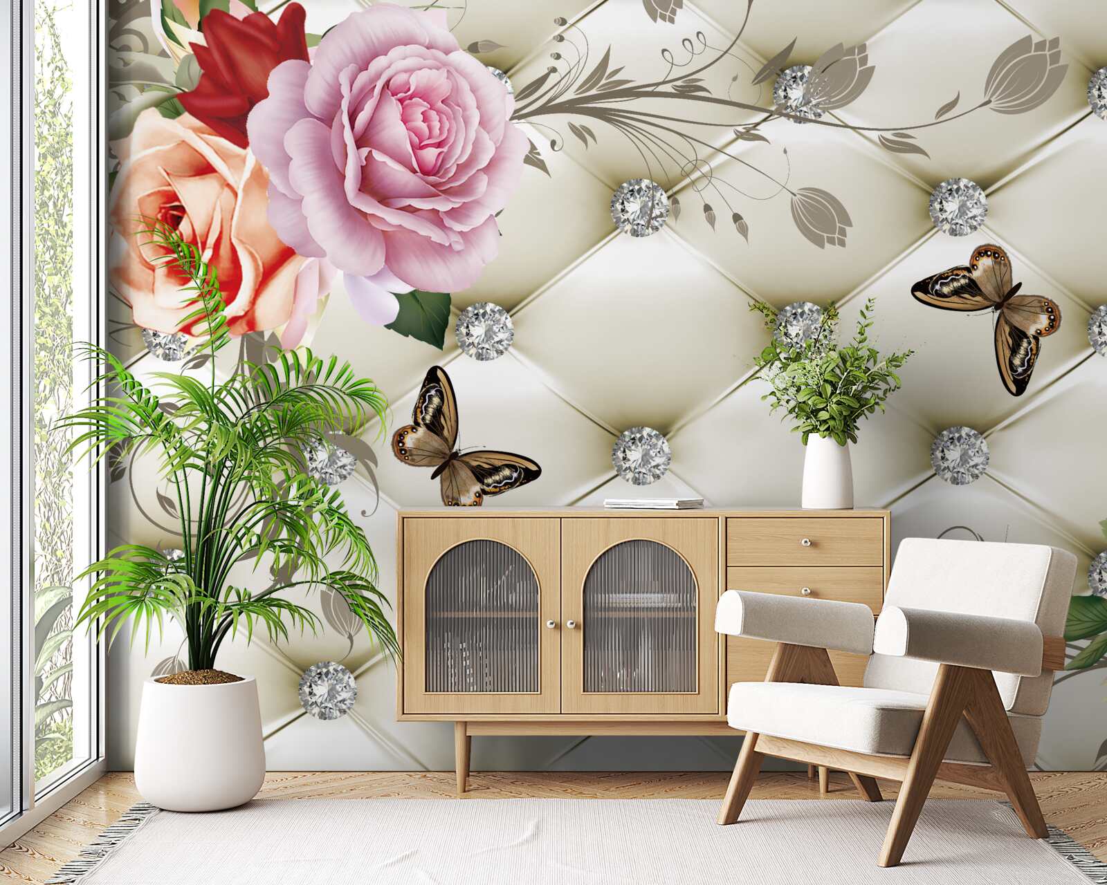 Фотошпалери Стіна, прикрашена трояндами та метеликами на білому стьобаному тлі