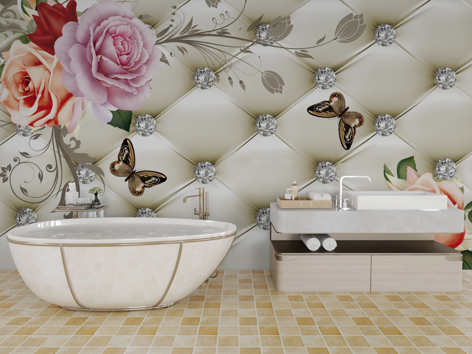 Фотошпалери Стіна, прикрашена трояндами та метеликами на білому стьобаному тлі