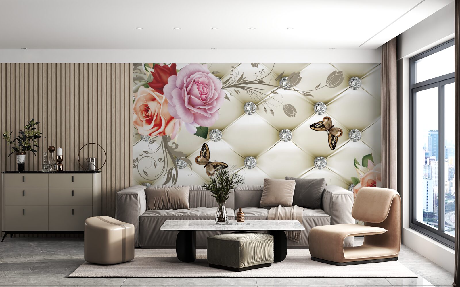 Фотошпалери Стіна, прикрашена трояндами та метеликами на білому стьобаному тлі