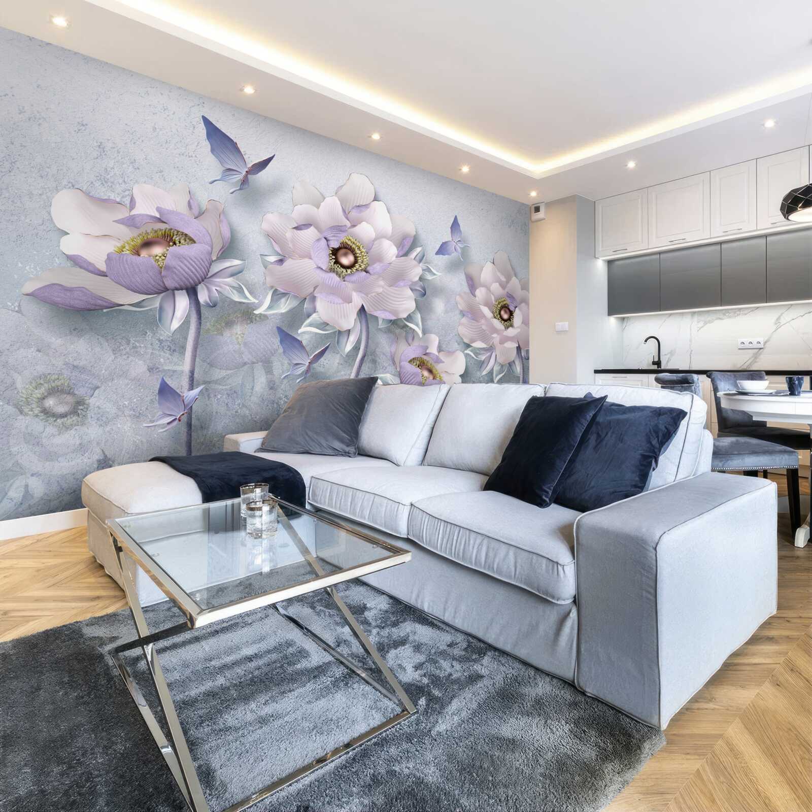 Фотошпалери фіолетові метелики та квіти виняткової делікатності